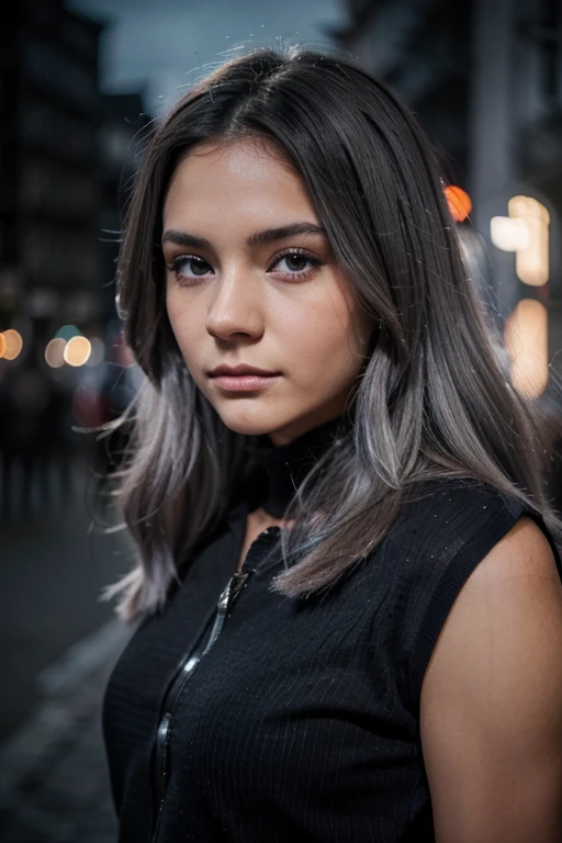 mujer joven con cabello largo gris plateado y ojos azul oscuro, chica perfecta, 8K, foto de pie en Alemania, hard camera flash