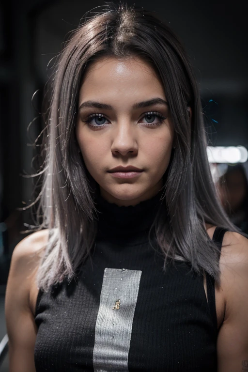 mujer joven con cabello largo gris plateado y ojos azul oscuro, chica perfecta, 8K, foto de pie en Alemania, hard camera flash