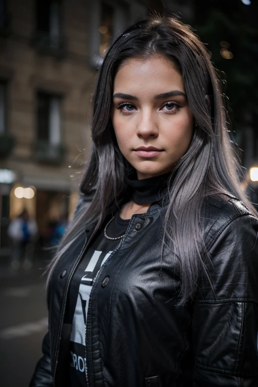 mujer joven con cabello largo gris plateado y ojos azul oscuro, chica perfecta, 8K, foto de pie en Alemania, hard camera flash