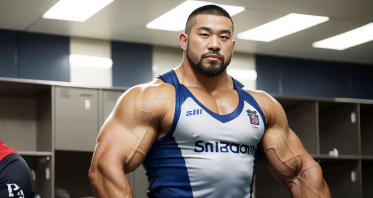 inside club locker room, facing each other, (rugby uniform:1.2), Japanese man, Chinese man, Korean man, Taiwanese man, manly face, round face, monolid eyes, (buzz cut:1.4), very large and strong body, bulging muscles, very large pectoral muscles, muscular arms, muscular abs, muscular legs, muscular back, brightens oily skin, master piece, realistic, panorama, distant view