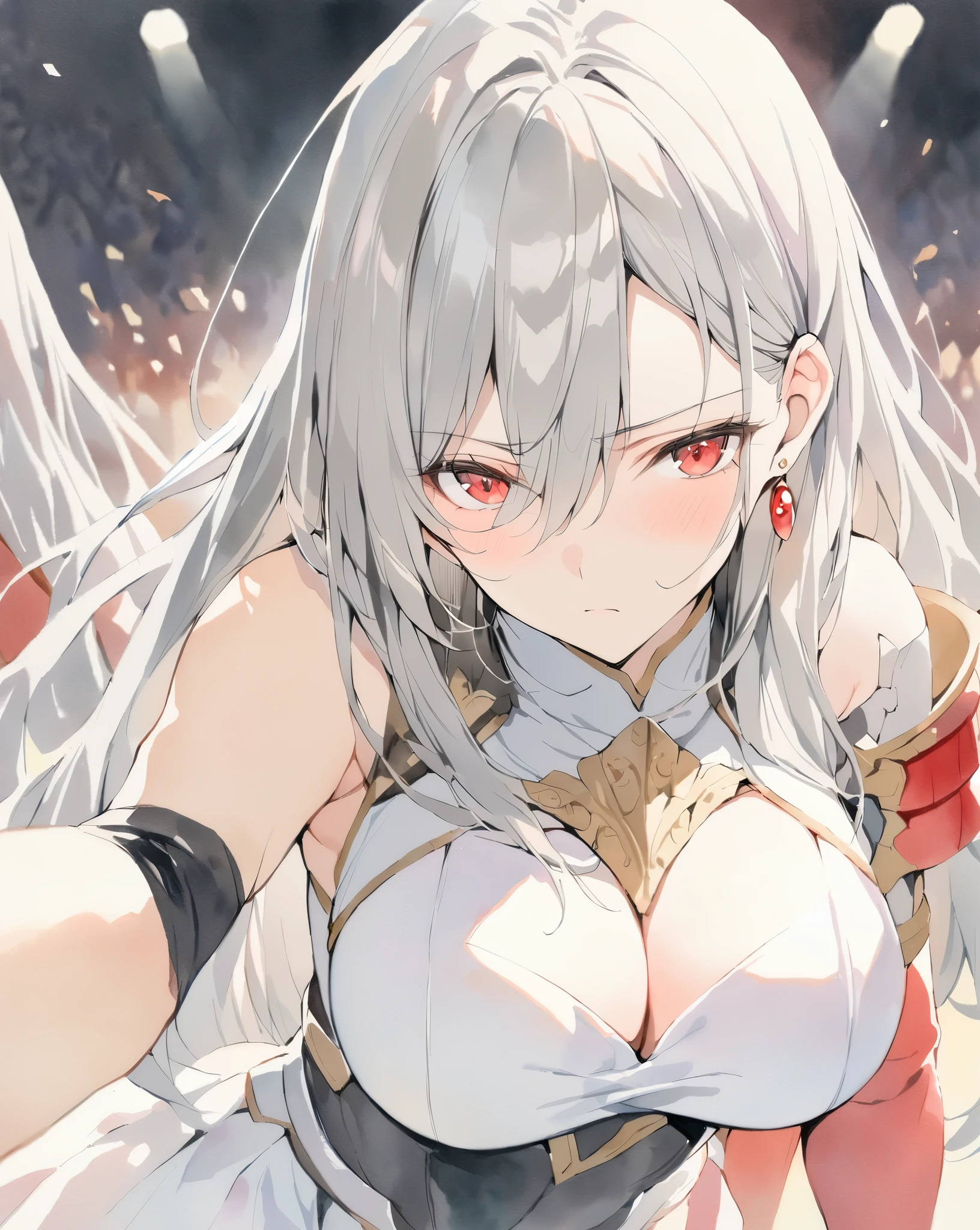 masterpiece, best quality, watercolor (medium), 1 girl, breast, alone, long hair, split, gray hair, red eyes, Shut up, earrings, Bangs, jewelry, skirt, bare shoulders, sleeveless, hair between eyes, 单pauldron, looking at the audience, large breast, armor, shoulder armor, sleeveless skirt, Upper body, single sleeve, white skirt, pauldron, Poker face