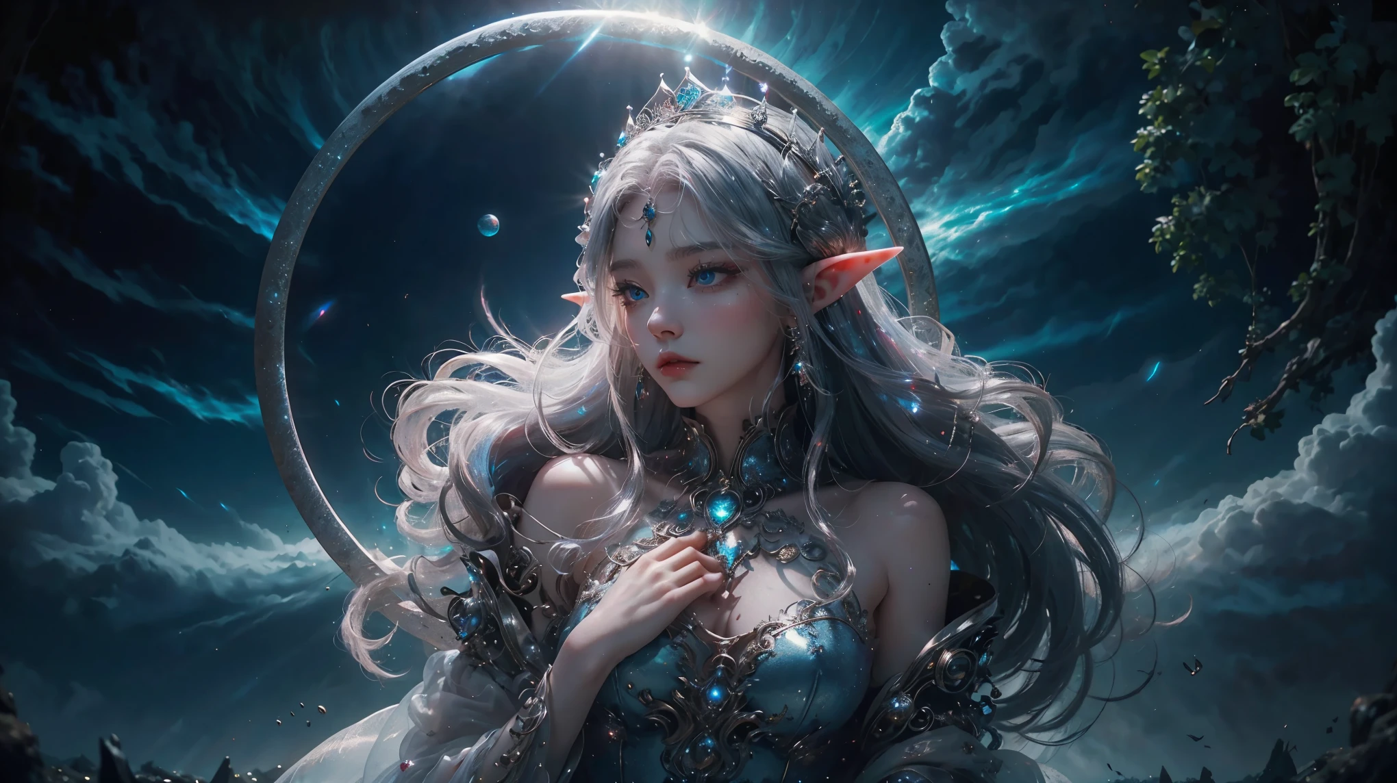 elf girl red hair, (lewd eyes, The is very detailed, Bio-luminescence):1.7 , bioluminescence: 1.7. (Body floating in the air): 1.5. ( Clouds are passing around, nigh sky), Mild, Personable, Pure elegance. (exquisite silk dress, Exquisite silver case, The is very detailed), (A delicate crown, The is very detailed). forest background ,