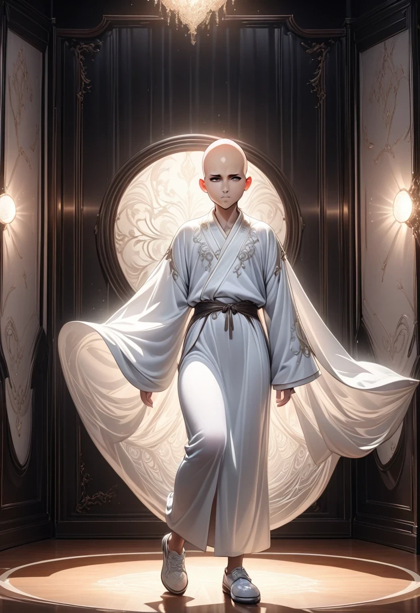 ((masterpiece)), HD clarity,juvenile,cloth shoes, (((( 1 person, white sleeves, robe)))),(((1 name blue juvenile,entire human body,tear nevus:))),(bald:1.8),Cool feeling,nature,peaceful,childish。best quality,Grandmaster:1.4),ultra high resolution,realistically,front lighting,intricate details,alone,(young),looking at the audience,(hollow pattern,white,silk),fit,VIP room,professional lighting,photon mapping,Radiosity,Physically based rendering,