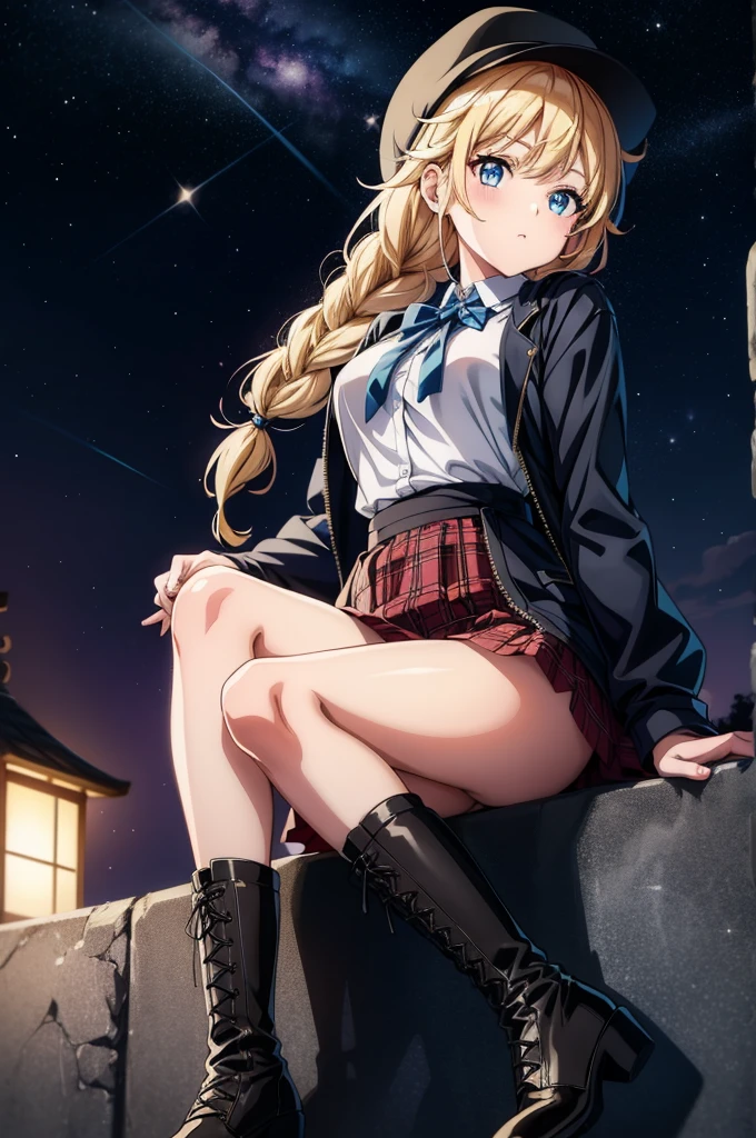 a female anime character lying on a stone slab in full dress-up, 1girl, night, solo, lantern, skirt, blue eyes, boots, sky, hat, blonde hair, sitting, plaid skirt, braid, shirt, twin braids, underwear, panties, outdoors, jacket, black footwear, white shirt, long hair, night sky, looking at viewer, star (sky), plaid, starry sky, black panties, black headwear, pleated skirt, breasts, open jacket