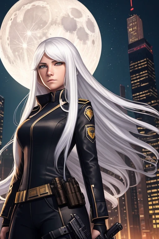 female ager with long white hair and fair skin wearing a spy costume using small firearms and knives in a city setting with a striking moon behind