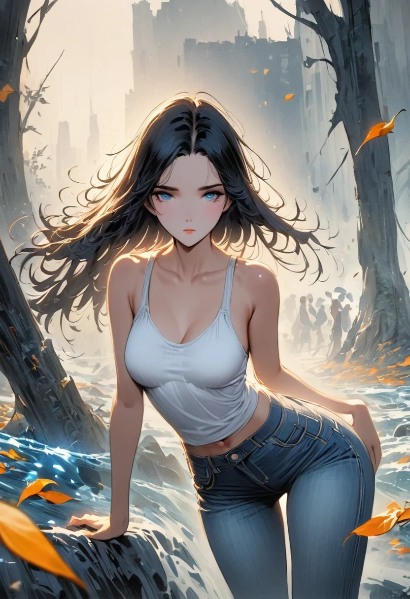 close up, Samdoesarts style beautiful woman, In the park with orange leaves , author：Jeremy Mann, by Sandra Chevrier, author：Dave McCann (Dave Mckean)、Richard Avedon (Richard Avedon) and Maciej Kuciara (Maciej Kuciara), White tank top and jeans, high detail, 8K