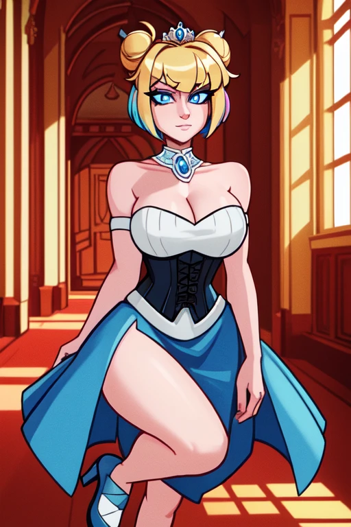 (masterpiece, 4k, high quality, colorful, super detailed eyes and face:1.2), 1girl, solo, 26 year old Scandinavian woman, Short blonde hair, bun-like hairstyle, bright blue eyes, buxom chested, cleavage, strapless dark blue dress, corset, exposed shoulders, silver tiara, white stash, light blue heels, full body shot, (Background: Indoors, hallways, interior of a royal palace)
