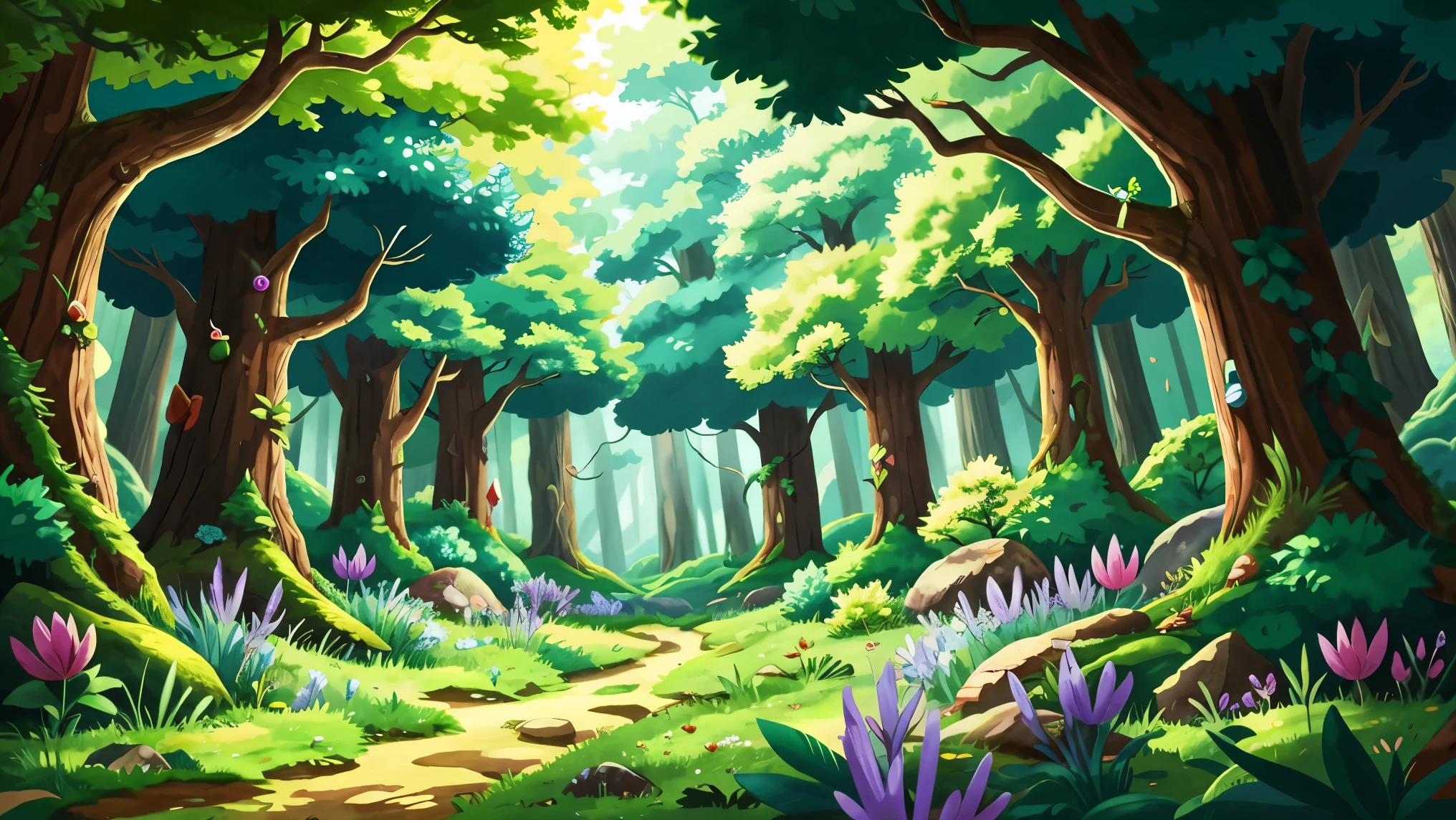 Cartoon fantasy forest with trails and trees, arte de fundo, background artwork, Mobile game background, no animals, no bird, game background, 2 D game art background, forest background, scenery art detailed, landscape artwork, Mobile game art, 2d game background, Anime background art, forest clearing landscape, anime countryside landscape, sky forest background, forest outside, elf forest background, forest setting, Detailed game art