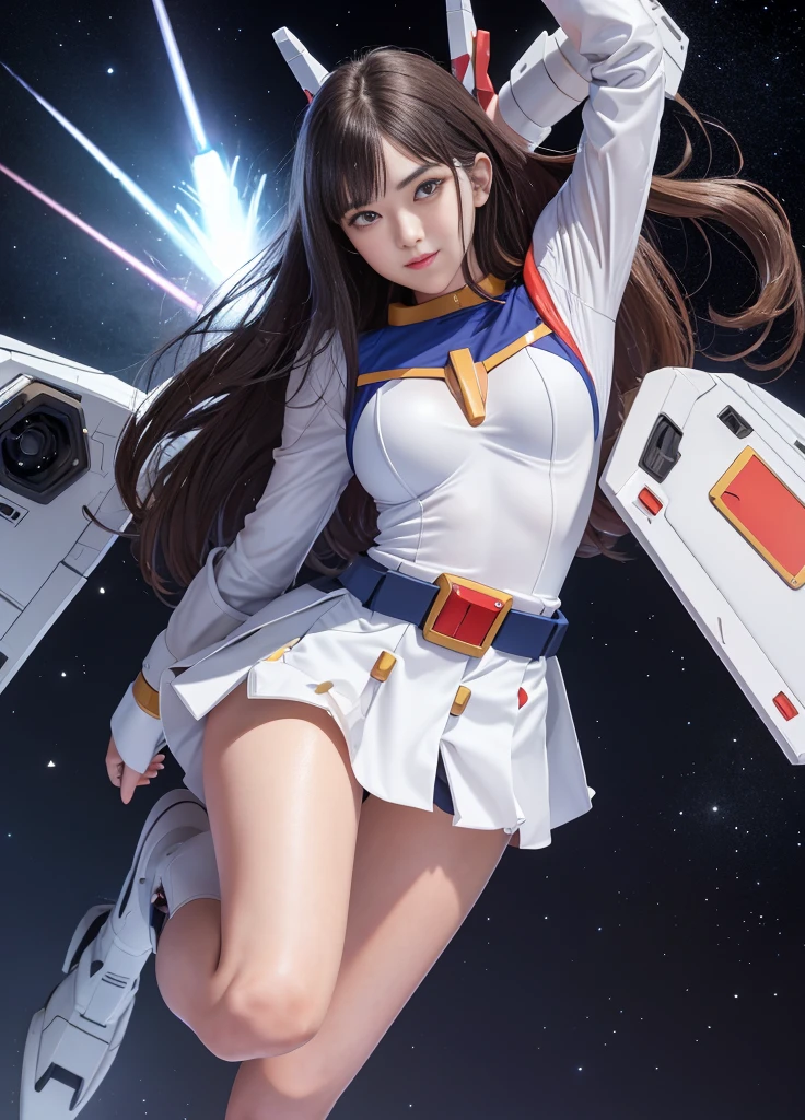 (top quality), (masterpiece), personification of Mobile Suit Gundam F91, nsfw, great highlights of the upper body, powerful mech, beautiful girl with a beam rifle, 19 years old, baby face, beautiful eyes, modest nose, neatness, smile, medium hair, absolute area, moist wet and slightly thick thighs, full body, fighting pose, open legs, short skirt, outer space, scene of fighting enemies,