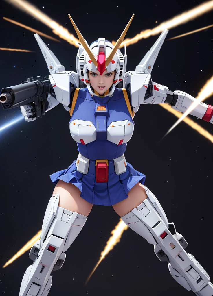 (top quality), (masterpiece), personification of Mobile Suit Gundam F91, nsfw, great highlights of the upper body, powerful mech, beautiful girl with a beam rifle, 19 years old, baby face, beautiful eyes, modest nose, neatness, smile, medium hair, absolute area, moist wet and slightly thick thighs, full body, fighting pose, open legs, short skirt, outer space, scene of fighting enemies,