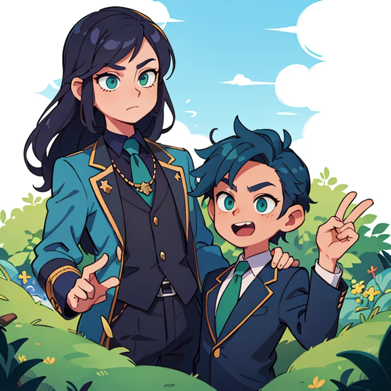 ((masterpiece, Best quality)), ((style-swirlmagic):0 Prince in a knight's suit,, dark blue hair, green eyes,)happy, bright, colorful, fantasy,