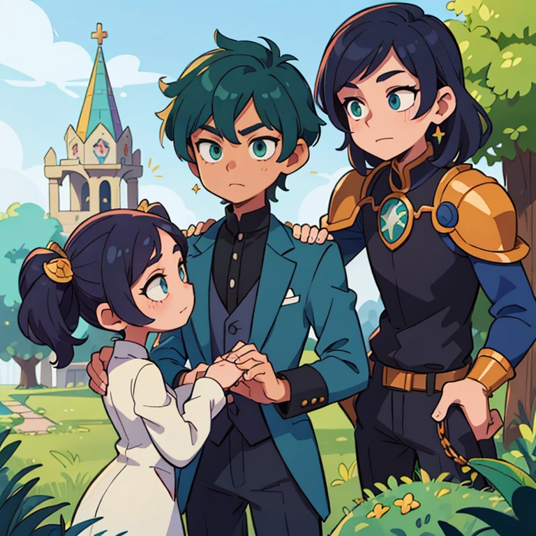 ((masterpiece, Best quality)), ((style-swirlmagic):0 Prince in a knight's suit,, dark blue hair, green eyes,)happy, bright, colorful, fantasy,