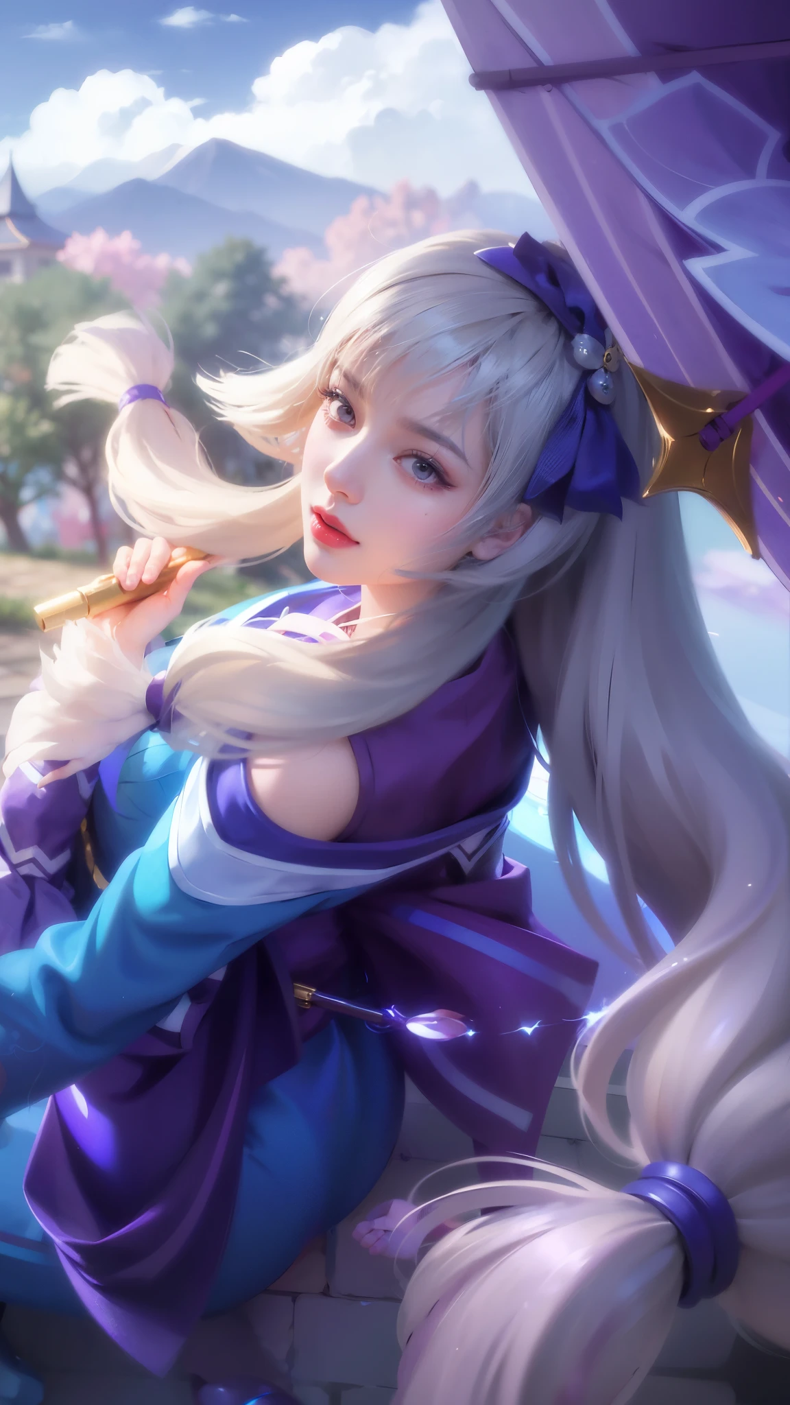 (8k, RAW photo, photorealistic:1.25) ,( red lipgloss, eyelashes, gloss-face, glossy skin, best quality, ultra highres, depth of field, chromatic aberration, caustics, Broad lighting, natural shading,Kpop idol) looking at viewer with a serene and goddess-like happiness, girl with long white hair sitting on a rock with a purple umbrella, portrait of ahri, ahri, official splash art, seraphine ahri kda, ashe, splash art, extremely detailed artgerm, onmyoji portrait, artgerm lau, style artgerm, heise jinyao, iconic character splash art, akali