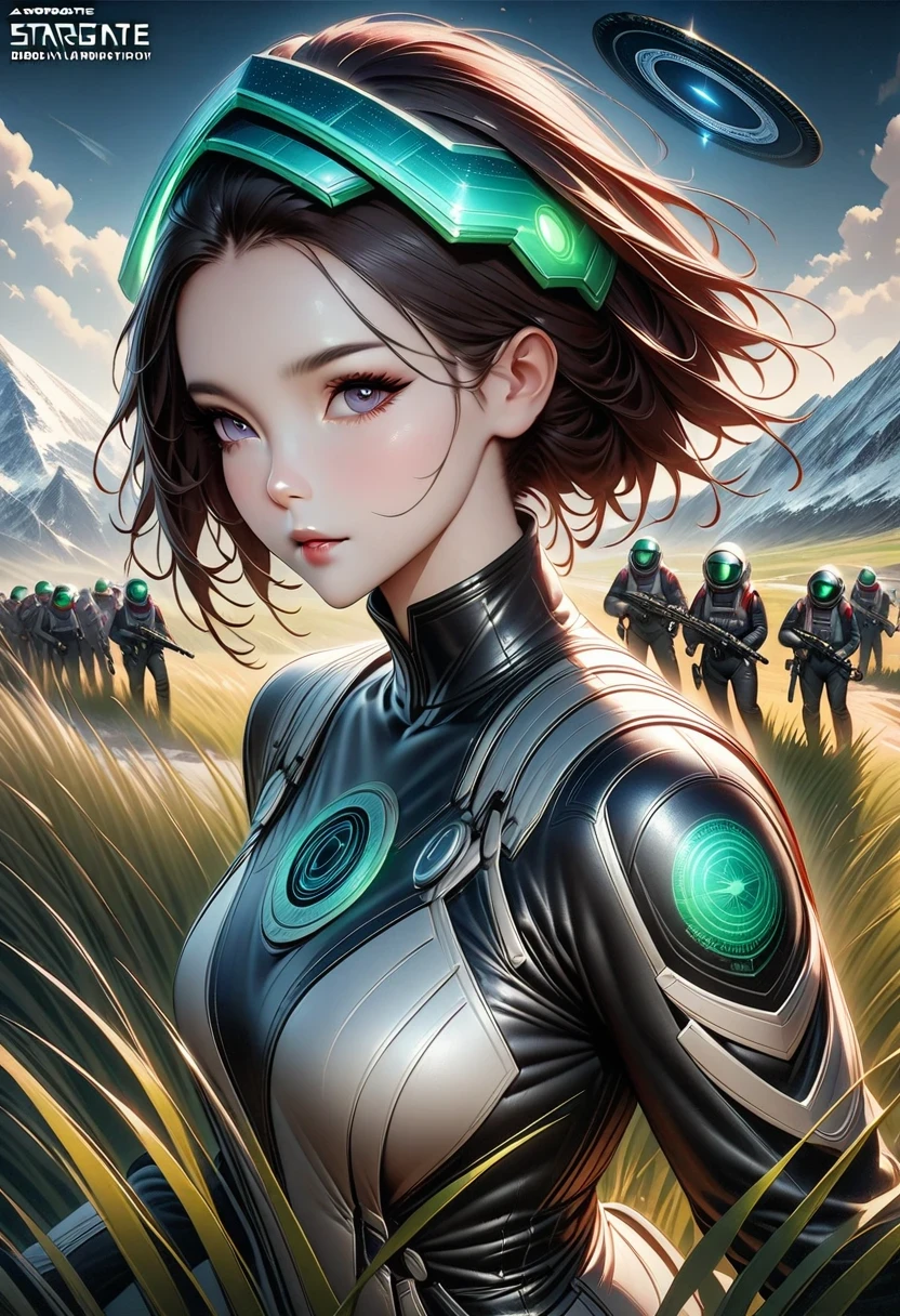 Award-winning (whole body:0.8) (portrait photo:1.3) of a young woman (Sci-fi astronauts:1.3) with a (army:1.4), (stargate:1.4), Gaze upon a verdant alien planet, (Mountain:1.2) (tall grass:1.4), rock, fluffy clouds in the sky, Popular topics on ArtStation, Very detailed, fine details, complex, (lens flare:0.6), (backlight:0.8), (bloom:0.8), Shallow depth of field