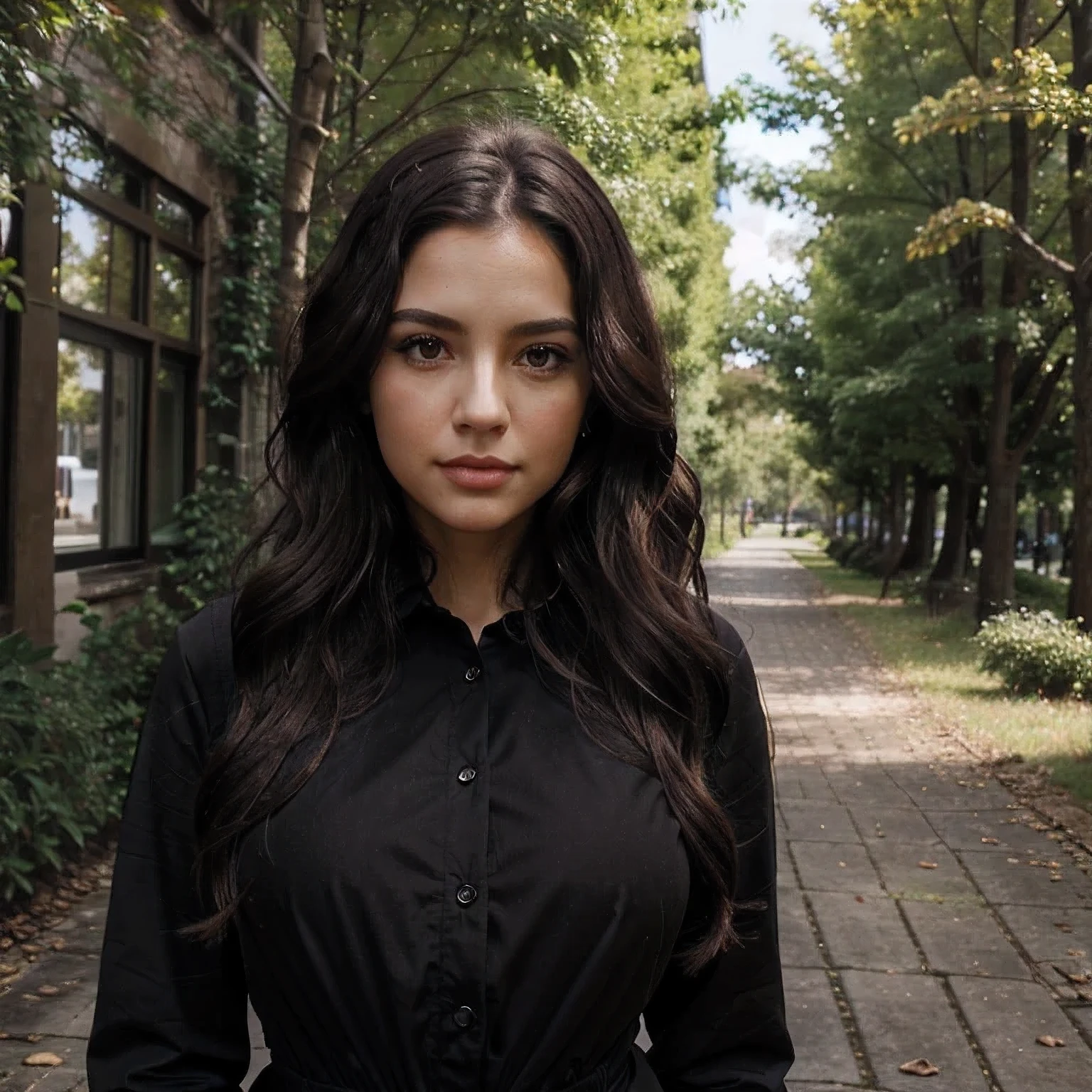 1 femme, Long Wavy Hair, dark brown eyes, nature, top, black outfit, business woman