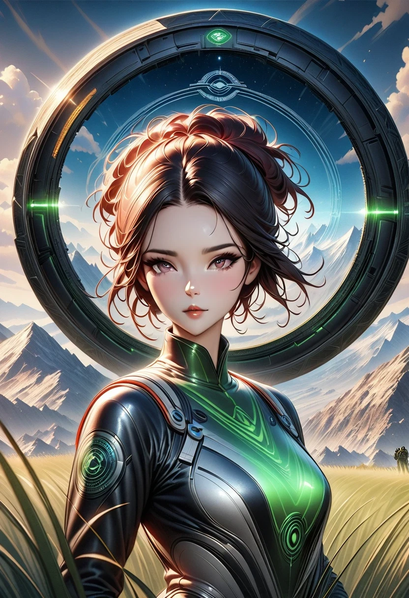 Award-winning (whole body:0.8) (portrait photo:1.3) of a young woman (Sci-fi astronauts:1.3) with a (army:1.4), (stargate:1.4), Gaze upon a verdant alien planet, (Mountain:1.2) (tall grass:1.4), rock, fluffy clouds in the sky, Popular topics on ArtStation, Very detailed, fine details, complex, (lens flare:0.6), (backlight:0.8), (bloom:0.8), Shallow depth of field