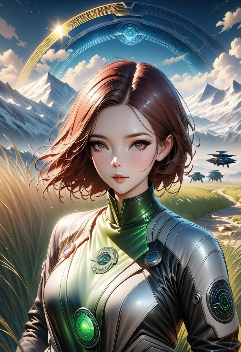 Award-winning (whole body:0.8) (portrait photo:1.3) of a young woman (Sci-fi astronauts:1.3) with a (army:1.4), (stargate:1.4), Gaze upon a verdant alien planet, (Mountain:1.2) (tall grass:1.4), rock, fluffy clouds in the sky, Popular topics on ArtStation, Very detailed, fine details, complex, (lens flare:0.6), (backlight:0.8), (bloom:0.8), Shallow depth of field