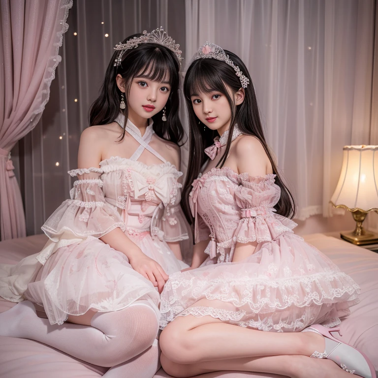 best quality, delicate face，beautiful visual work, lifelike, 2 girls, eternal, black hair, Long curly hair, blunt bangs, Smile, pink skirt, pink lolita dress, layered skirt, Lolita style long skirt,分層連衣裙 lace-trimmed 裙子, decorate, lace, long sleeve, puff sleeves, wide sleeves, Transparent sleeves, hair accessories, 在flower园里, flower, Detailed background,  delicate face，pink blush，White knee-length socks, Pink shoes，cold，Lots of lace，((​Masterpiece))、(top quality)、8K、high detail、super detailed，21 years old female，穿着pink lolita dress((dreamy atmosphere:1.1))、Seductive and whimsical style、​Masterpiece、born、Scenes resembling fairy tale illustrations、Intricate details showcase the ruffles and intricate designs of the Lolita dress、beautifully、magic、capricious、 beautifully、Dream aesthetics、「𝓡𝓸𝓶𝓪𝓷𝓽𝓲𝓬、ethereal、charming、fickle、magic」、realism、Visual effects、FXAA、SSAO、shader、voiceless、environmental lighting、Tone mapping、High resolution、ultra high definition、megapixel、(8K resolution:1.10)、8K、Below 8K、8K resolution、high detail、intricate details， (high quality:1.2、​Masterpiece:1.2、:1.21)、(21 years old female:1.21)、(興奮地Smile)、(Surrounded by the dreamy atmosphere、High heel、Model diagram，full-body shot，Knee-high 白色的 lace socks,Sweet Lolita，Normal 2 feet，Pink shoes，Baotou shoes，silver crown tiara，Don't show your fingers，lolita cake dress，Thousand layer skirt，Every layer has lace，The skirt has a hem，cold，big breasts，hands on hips，Wide cuffs cover hands，2 girls