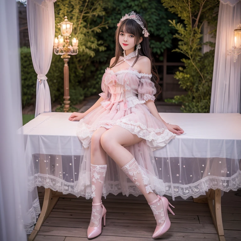 best quality, delicate face，beautiful visual work, lifelike, 2 girls, eternal, black hair, Long curly hair, blunt bangs, Smile, pink skirt, pink lolita dress, layered skirt, Lolita style long skirt,分層連衣裙 lace-trimmed 裙子, decorate, lace, long sleeve, puff sleeves, wide sleeves, Transparent sleeves, hair accessories, 在flower园里, flower, Detailed background,  delicate face，pink blush，White knee-length socks, Pink shoes，cold，Lots of lace，((​Masterpiece))、(top quality)、8K、high detail、super detailed，21 years old female，穿着pink lolita dress((dreamy atmosphere:1.1))、Seductive and whimsical style、​Masterpiece、born、Scenes resembling fairy tale illustrations、Intricate details showcase the ruffles and intricate designs of the Lolita dress、beautifully、magic、capricious、 beautifully、Dream aesthetics、「𝓡𝓸𝓶𝓪𝓷𝓽𝓲𝓬、ethereal、charming、fickle、magic」、realism、Visual effects、FXAA、SSAO、shader、voiceless、environmental lighting、Tone mapping、High resolution、ultra high definition、megapixel、(8K resolution:1.10)、8K、Below 8K、8K resolution、high detail、intricate details， (high quality:1.2、​Masterpiece:1.2、:1.21)、(21 years old female:1.21)、(興奮地Smile)、(Surrounded by the dreamy atmosphere、High heel、Model diagram，full-body shot，Knee-high 白色的 lace socks,Sweet Lolita，Normal 2 feet，Pink shoes，Baotou shoes，silver crown tiara，Don't show your fingers，lolita cake dress，Thousand layer skirt，Every layer has lace，The skirt has a hem，cold，big breasts，hands on hips，Wide cuffs cover hands，2 girls