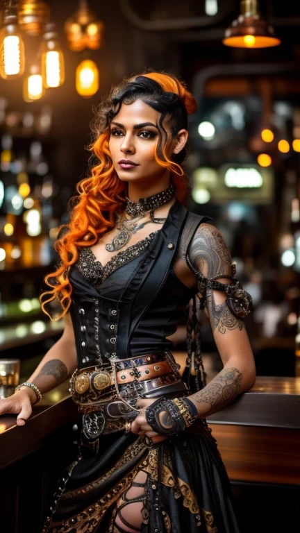High resolution photo, ultra detailed body and face, European Indian mixed race 40 year old woman, cyberpunk hairstyle and the sides of the head shaved, main hair orange, side hair gold, clothing steampunk corsage made of etched leather with lace and many accessories and long steampunk mullet skirt made of etched Velvet with pointed and wide steampunk belt and steampunk women's boots, bright large gothic tattoos, full body pose casually standing at a bar counter looking into the camera, bar and bar counter in steampunk style, steampunk photo atmosphere at night