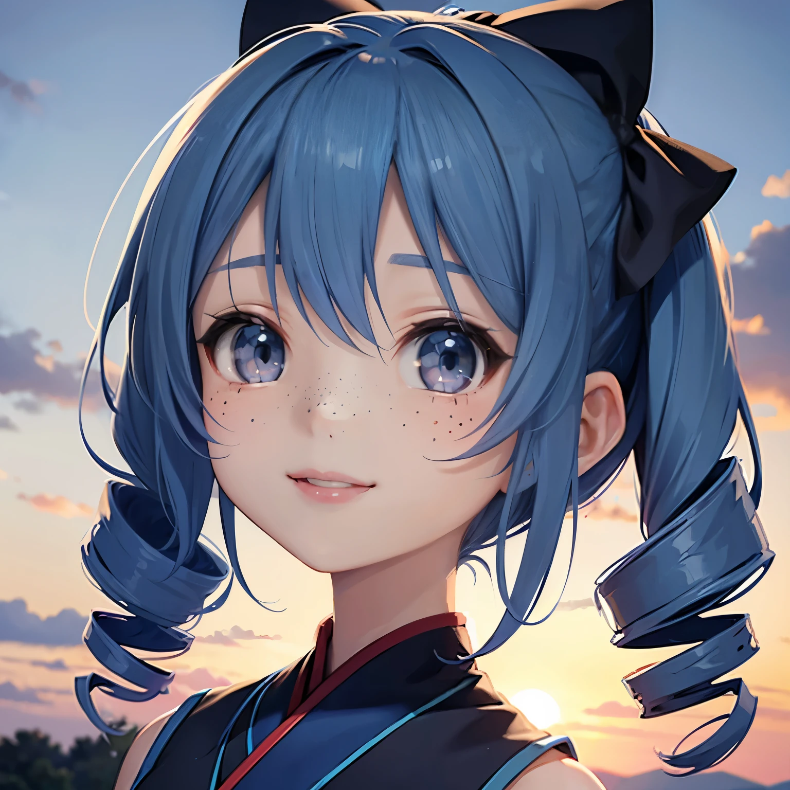 Blue hair, drill hair, , sunset, dusk, asian, closeup, portrait, gray eyes, cheery, hair bows, dark blue hair bows, short, standing, freckles