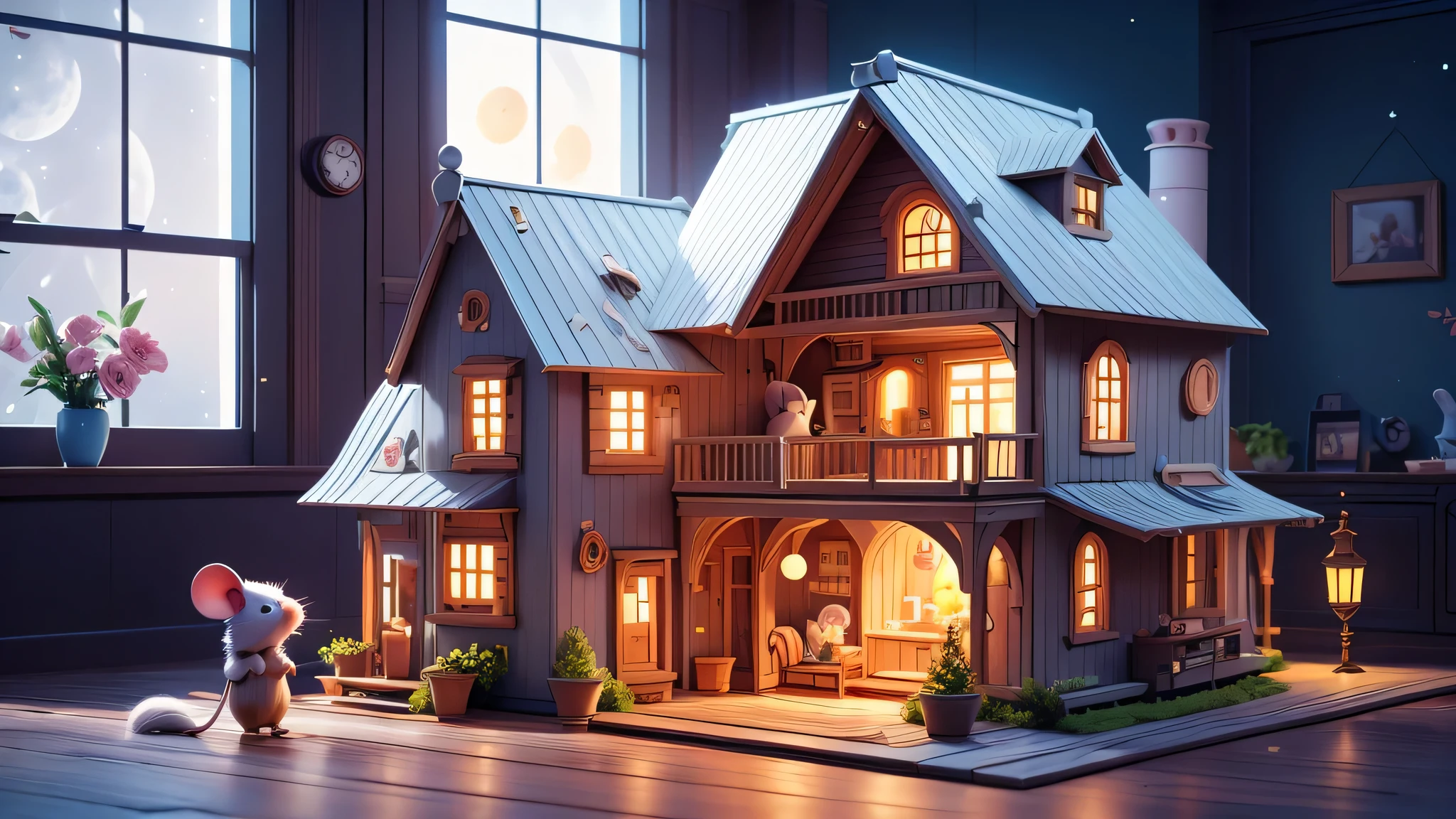 Create a children's book illustration of the following: A close up of a cute, furry grey mouse climbing into a cute wooden dollhouse. The setting of the image is at night, indoors, with the cool moonlight showing through the windows, which have flowy white curtains.