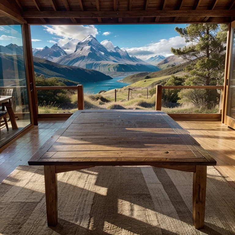 Photo Wooden table centered with Patagonian scenery in the background
