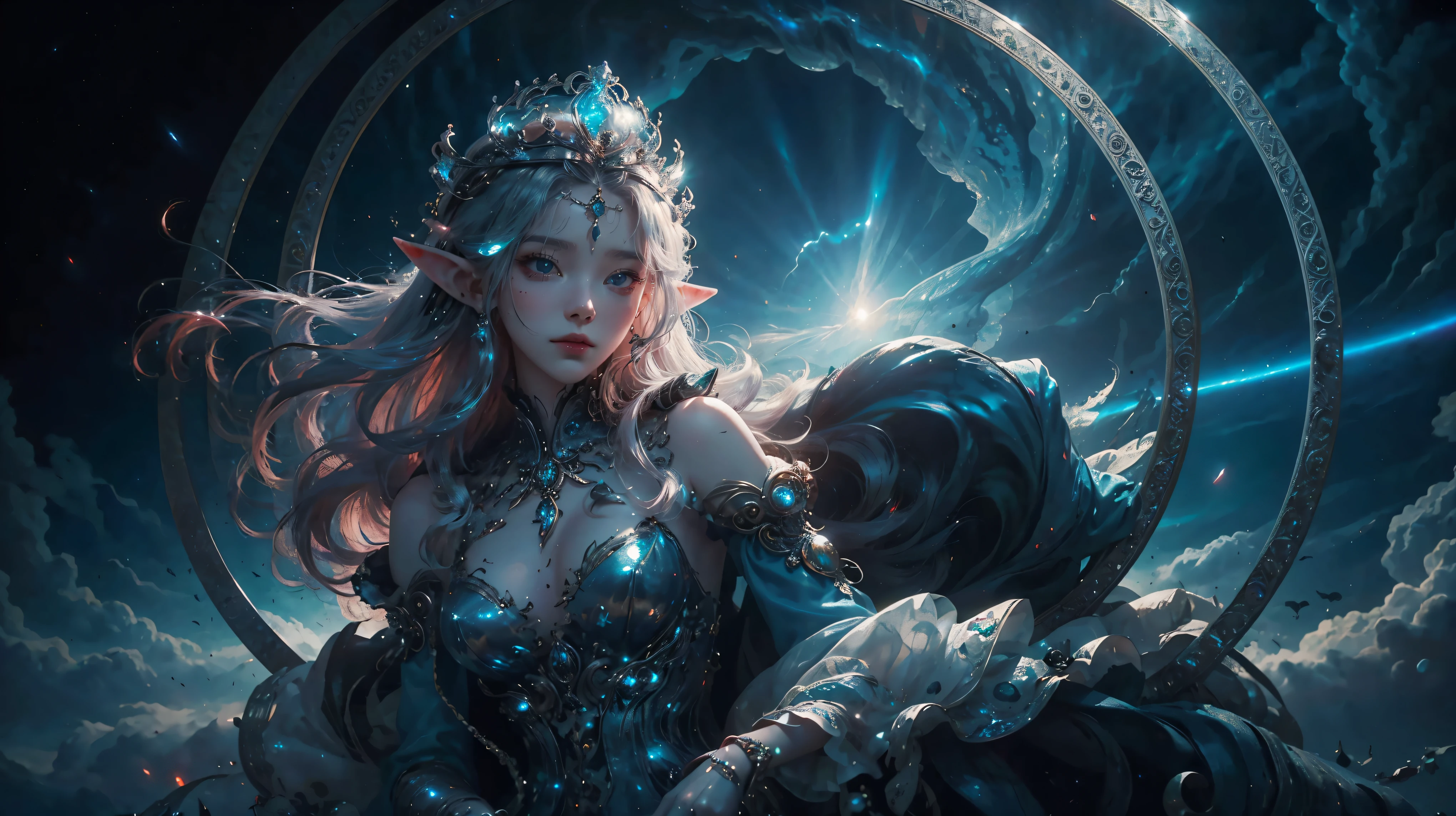 elf girl red hair, (lewd eyes, The is very detailed, Bio-luminescence):1.7 , bioluminescence: 1.7. (Body floating in the air): 1.5. ( Clouds are passing around, nigh sky), Mild, Personable, Pure elegance. (exquisite silk dress, Exquisite silver case, The is very detailed), (A delicate crown, The is very detailed). forest background ,