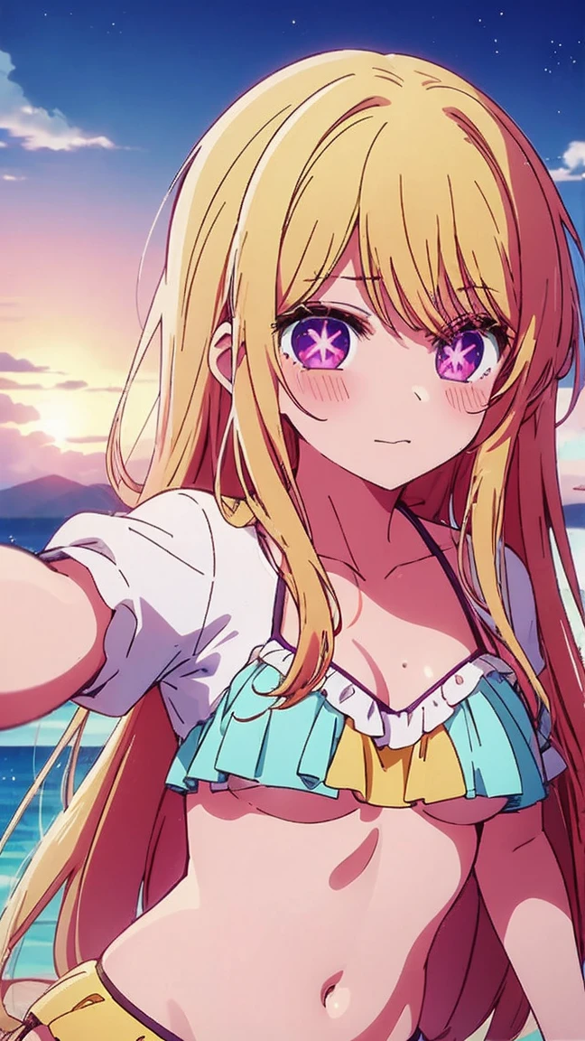 chica anime with long hair and purple eyes, una imagen inspirada en Puru, Vaso, conceptual art, mejor chica anime, Estilo de arte anime Moe, primer plano de otro iwakura, anime images of cute girls., chica anime named lucy, iwakura yacía, tv anime frame., imagen fija de anime, (chica anime)、(((playa)))、risa、abre la boca、Ai Hoshino、(((bikini)))