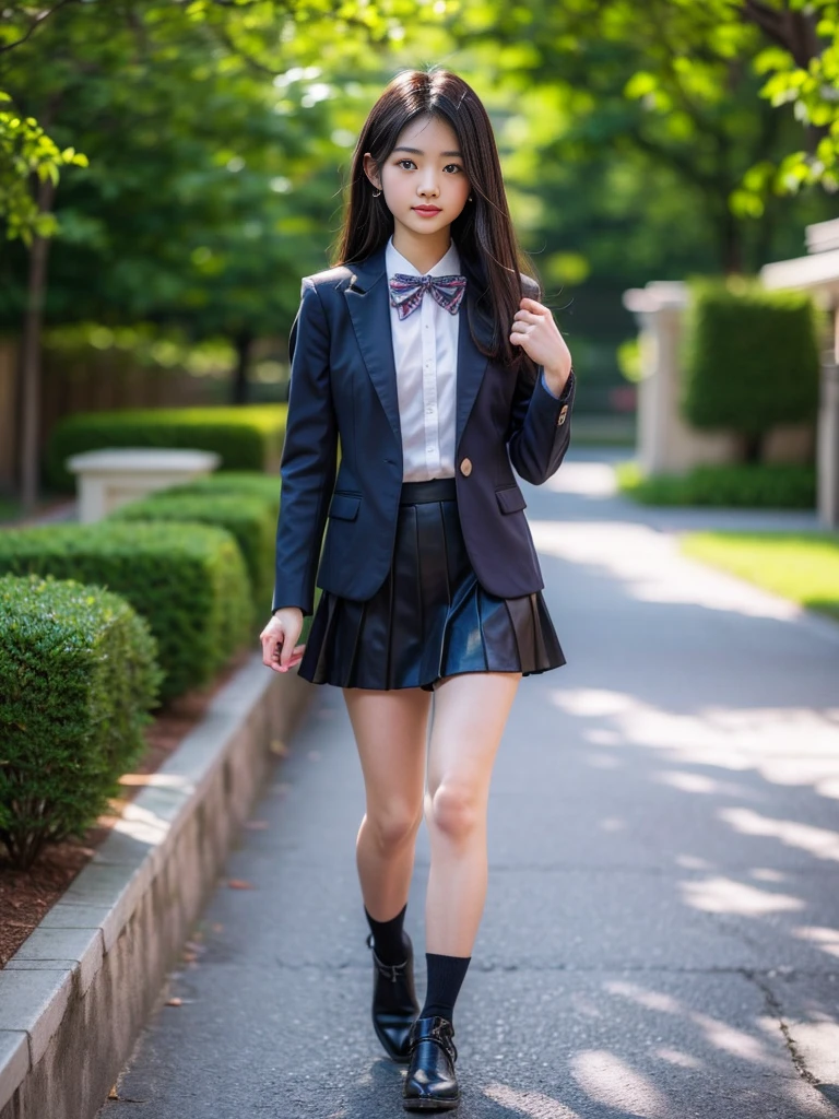 (masterpiece, highest quality:1.4), award-winning portraits, 8K, 85mm, alone, beautiful face, delicate girl, , (dark navy blazer jacket), dark navy skirt, long sleeve, violaces, gardenia, grace, Sophisticated, cute, teen, looking at the viewer, 15 years old, Raw photo, disorganized, HDR, sharp focus, A bow tie, background bokeh、(((flat 、thin and delicate body、A childish atmosphere)))、shiny semi-long hair、hair swaying in the wind、Mole on the left cheek、large, round, dark blue eyes、full body、random pose、Run、sprinting、Skirt fluttering in the wind、Junior idol、Nogizaka Idol、widening skirt、jump、mole under eye、