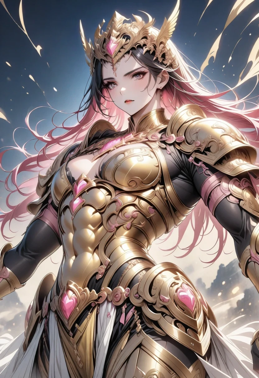 muscular complexion, Bright in gold armor,With pink metal details