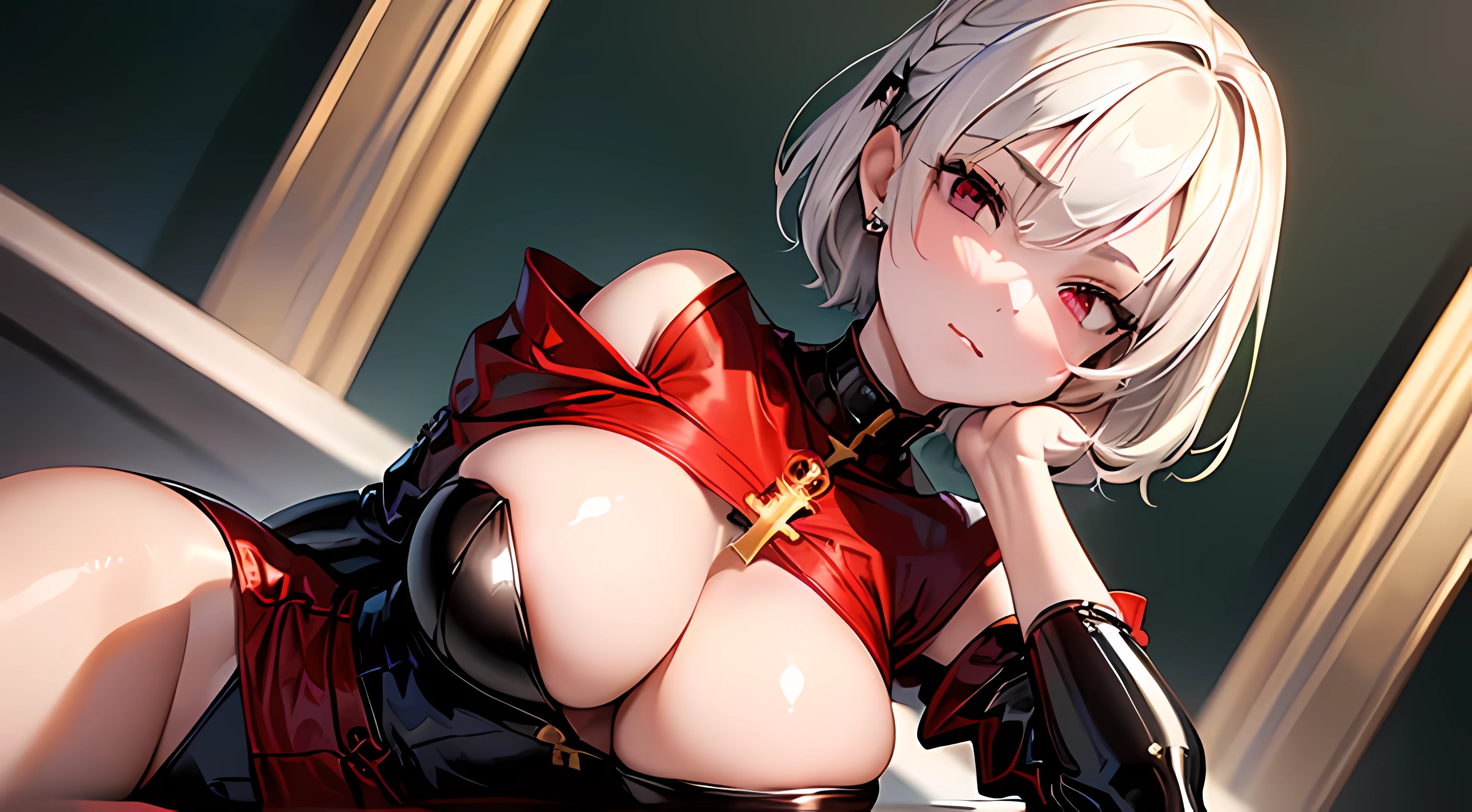 ((Best Quality, 8K, Masterpiece: 1.3)), 1girl, Beauty: 1.3, (Hairstyle Casual ,short white hair, Big Breasts: 1.2), black outfit: 1.1, Super Fine Face, Delicate red Eye color, green earings shaped like a cross, no sleeves, red cloak attached by gold round pins at the chest falling off shoulders, thigh high black latex,