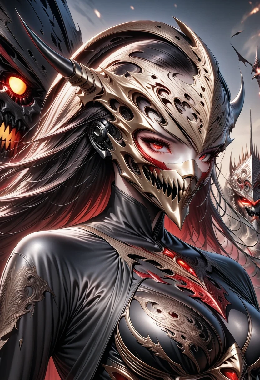 dark fantasy demon raider,looking at the audience,photographic,Ultra-detailed,full details,8K best quality,actual,8K,microscopic intricate details,Predator and Terminator Mix , Mechanical parts,Mecha