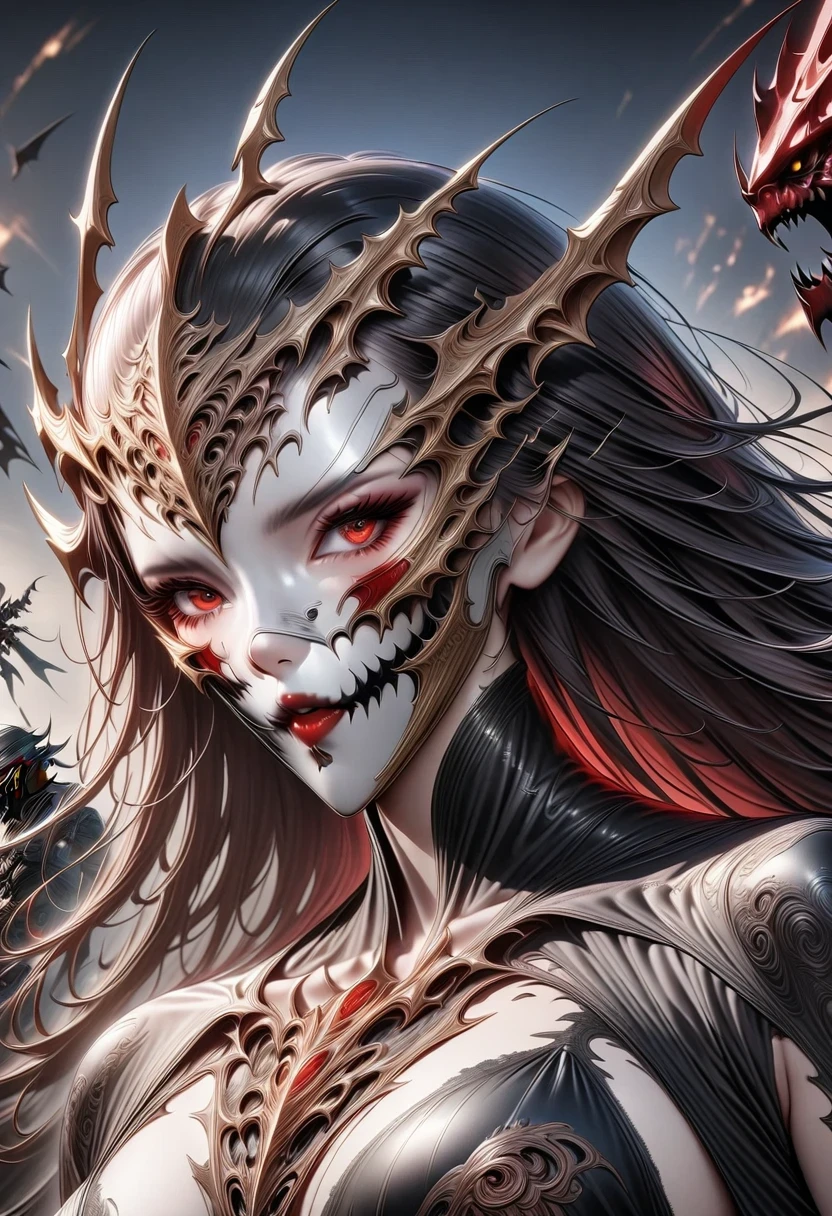 dark fantasy demon raider,looking at the audience,photographic,Ultra-detailed,full details,8K best quality,actual,8K,microscopic intricate details,Predator and Terminator Mix , Mechanical parts,Mecha