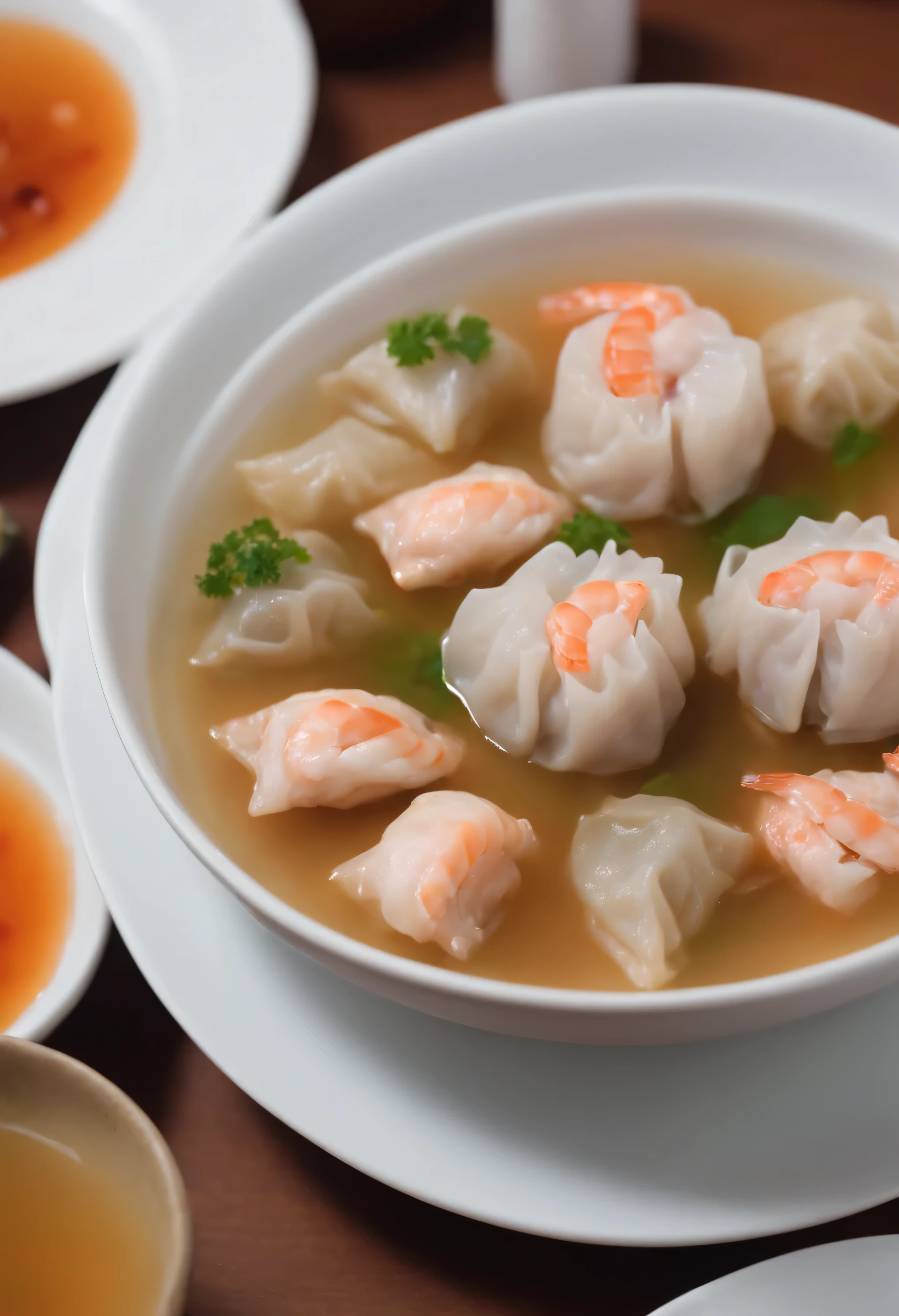 zoom, close up, chinese dimsum, on the table of restaurant, 8k UHD, with chicken soup, big shrimpts dried