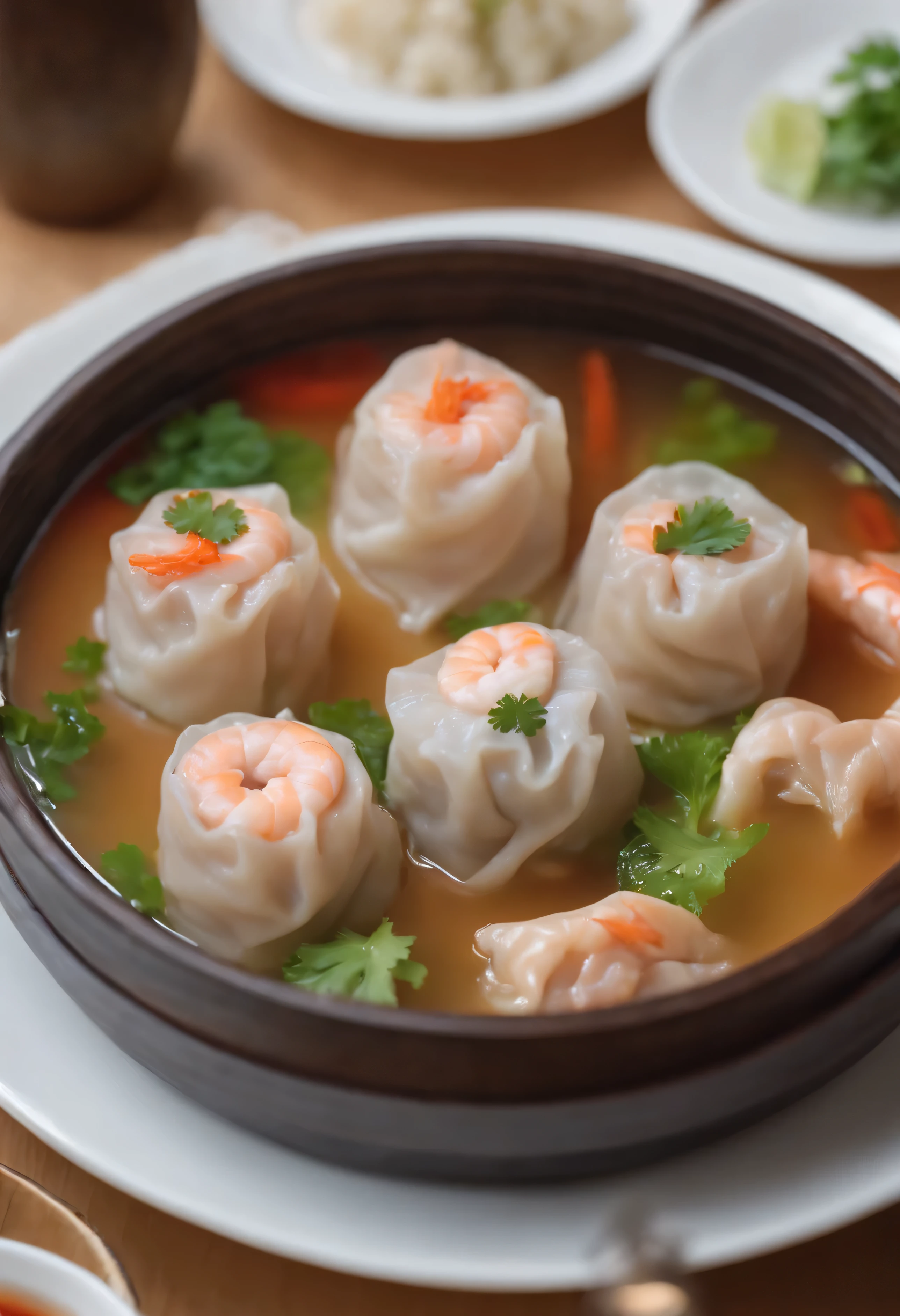 zoom, close up, chinese dimsum, on the table of restaurant, 8k UHD, with chicken soup, big shrimpts dried