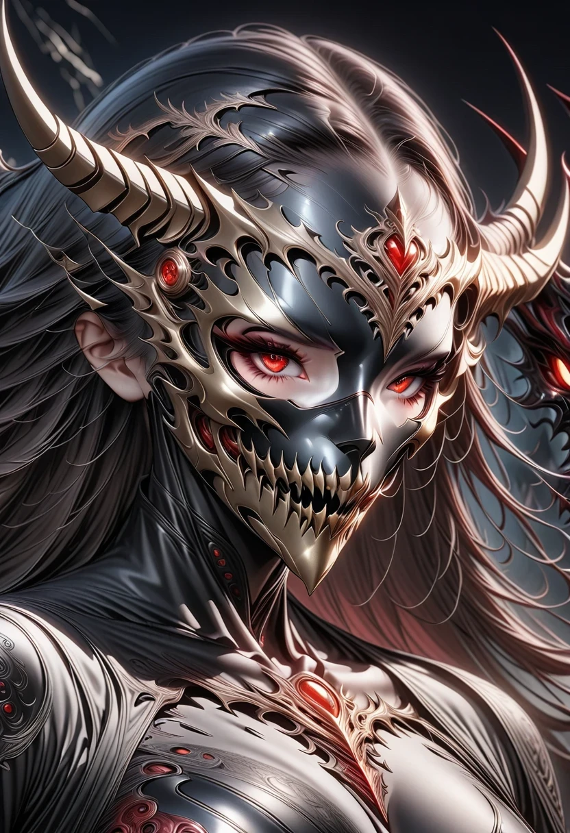 dark fantasy demon raider,looking at the audience,photographic,Ultra-detailed,full details,8K best quality,actual,8K,microscopic intricate details,Predator and Terminator Mix , Mechanical parts,Mecha
