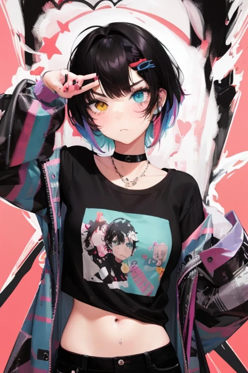 1 girl, , grumpy, short black hair with (colored hair streaks), heterochromia ,, tee shirt, tomboy, punk, accessories, vampire