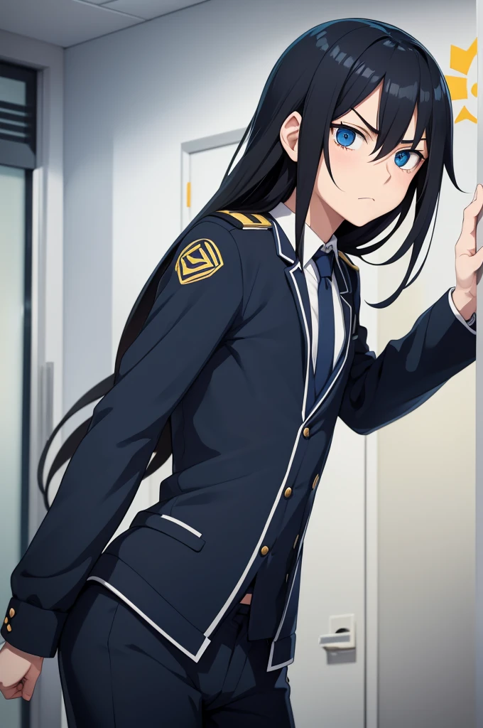 Boku no hero original character, 23-year-old man, semi-long black hair, round face, fine features, slim stocky build, blue Len Kagamine suit, serious face, bright navy blue eyes