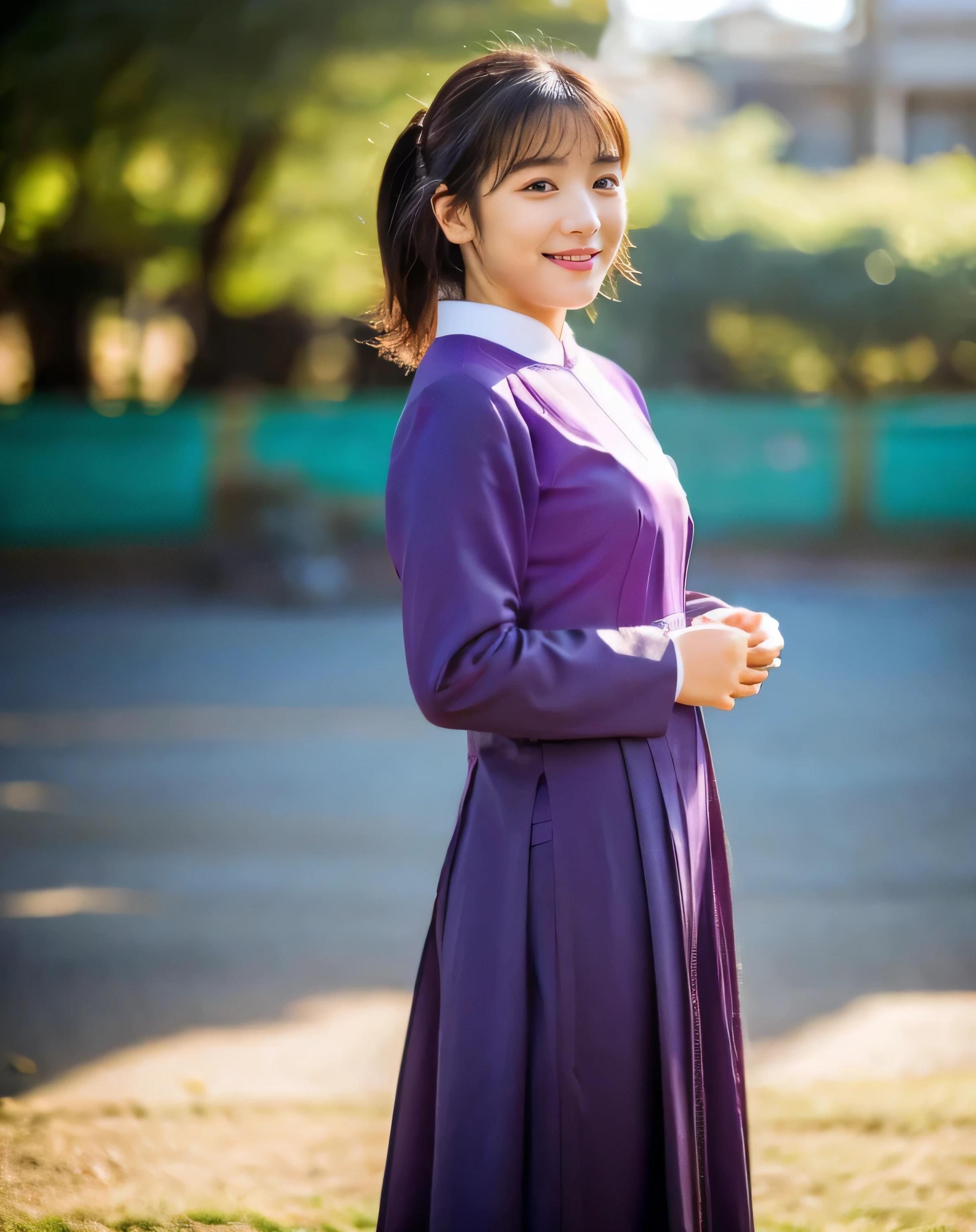 Realistic, Asian girl, Minami Hamabe, Nagano Mei, Beautiful, looking at the viewer, Smirking, black bun hair, Purple ao dai, Standing, School background, Background is blur, Birds flying behind background, ((highres)), ((best quality))