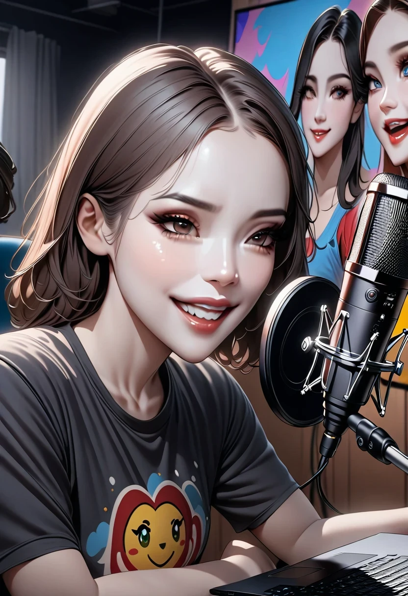 A woman sitting at a desk,Comes with laptop and microphone, sit in front of microphone, Twitch streamer, Twitch streamer/gamer ludwig, be interviewed, accurate portrait, Take control when you smile, H3H3, with a happy expression, accurate statement, in front, pop art, blinds, Studio shooting, very expressive, Realistic animation, painting,