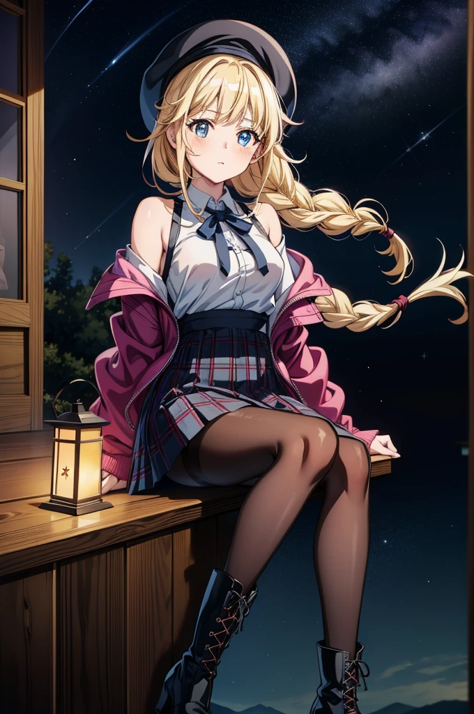a female anime character lying on a stone slab in full dress-up, 1girl, night, solo, lantern, skirt, blue eyes, boots, sky, hat, blonde hair, sitting, plaid skirt, braid, shirt, twin braids, underwear, panties, outdoors, jacket, black footwear, white shirt, long hair, night sky, looking at viewer, star (sky), plaid, starry sky, black panties, black headwear, pleated skirt, breasts, open jacket