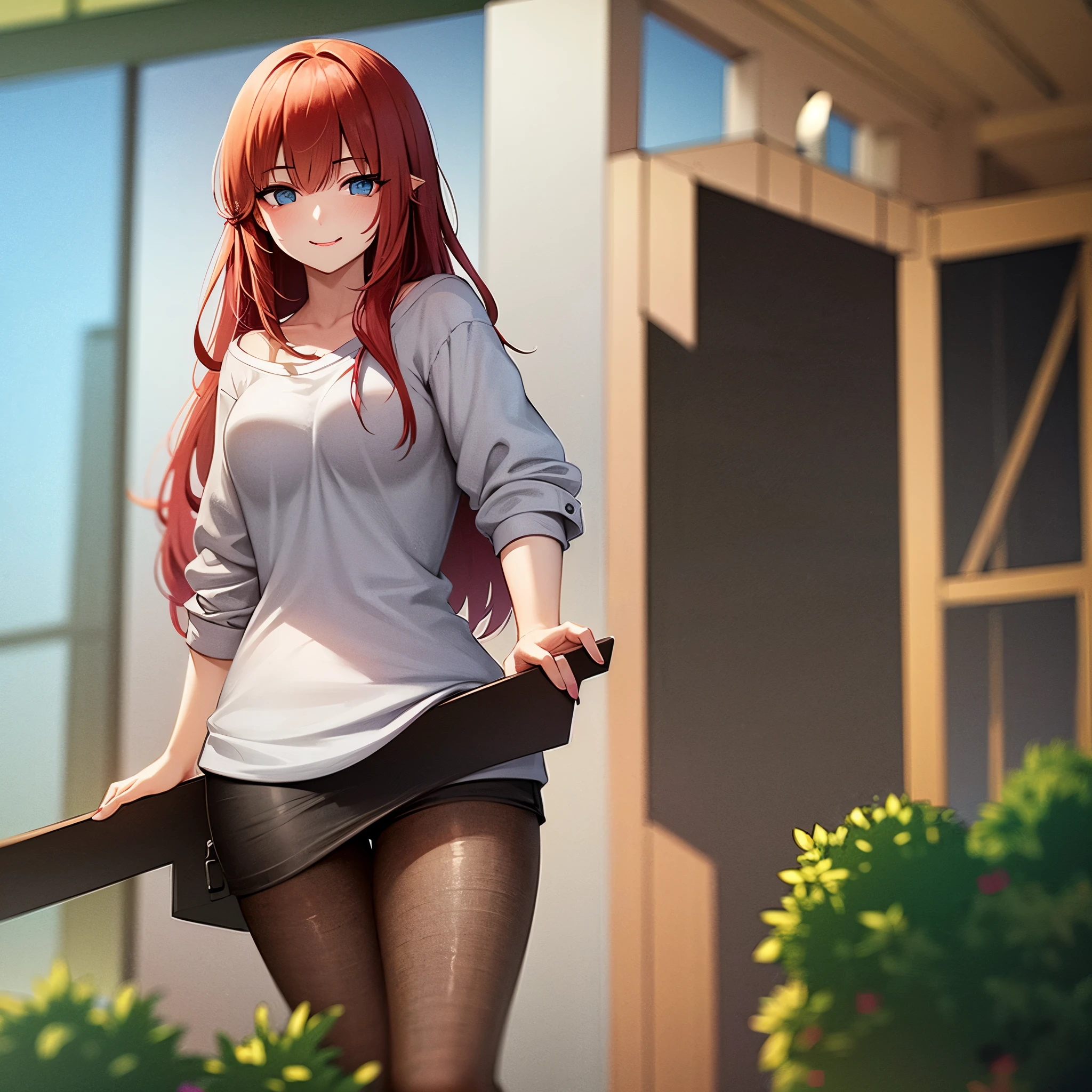 A short-skinned, blue-eyed girl with red hair and a pleasant smile 