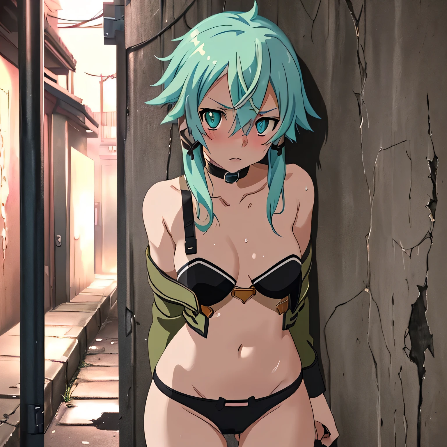 Masterpiece, best quality, 1 girl, Sinon, shocked expression, black bra and underwear, mysterious alley, date, hands forced above head, pinned to wall, blushing, looking at camera, wet pussy, seductive, steamy, dimly lit, intense gaze, seduction, passionate encounter, sensual, steamy atmosphere, revealing clothing, intimate moment, bold, daring, edgy. Sinon, in a surprise turn of events, finds herself in an unknown alley on a date. Her expression is one of shock as her date suddenly strips her of her clothes, leaving her only in her black bra and underwear. She is pinned to the wall with her hands, with full body view