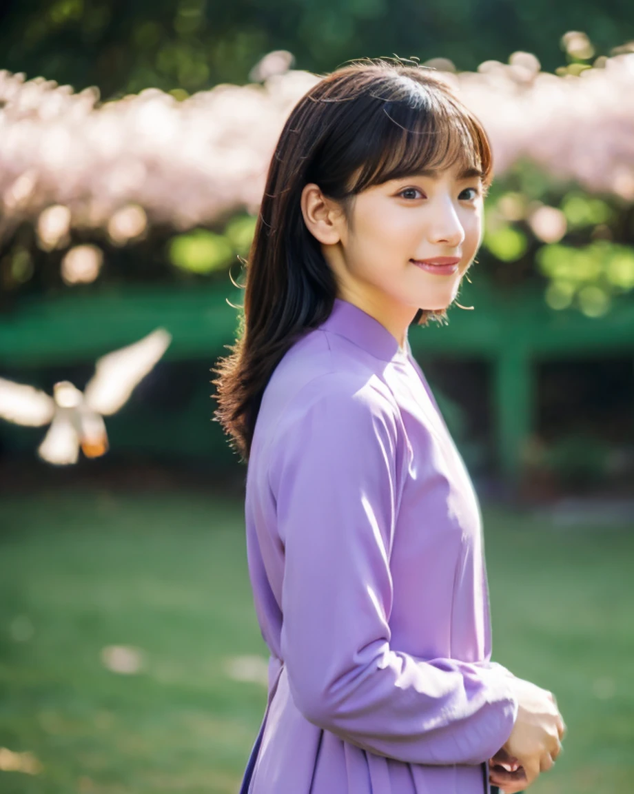 Realistic, Asian girl, Minami Hamabe, Nagano Mei, Beautiful, looking at the viewer, Smirking, black bun hair, Purple ao dai, Standing, School background, Background is blur, Birds flying behind background, ((highres)), ((best quality))