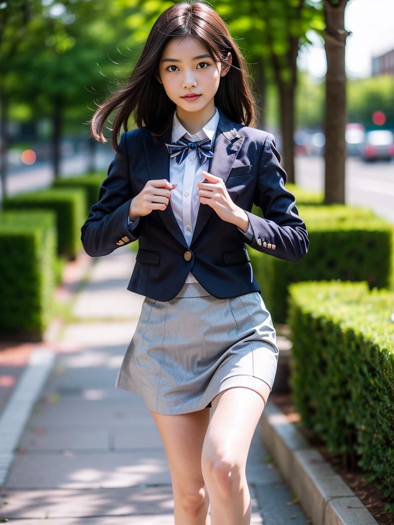 (masterpiece, highest quality:1.4), award-winning portraits, 8K, 85mm, alone, beautiful face, delicate girl, , (dark navy blazer jacket), dark navy skirt, long sleeve, violaces, gardenia, grace, Sophisticated, cute, teen, looking at the viewer, , Raw photo, disorganized, HDR, sharp focus, A bow tie, background bokeh、(((flat 、thin and delicate body、A childish atmosphere)))、shiny semi-long hair、hair swaying in the wind、Mole on the left cheek、large, round, dark blue eyes、full body、random pose、Run、(sprinting、Skirt fluttering in the wind)、Junior idol、Nogizaka Idol、widening skirt、jump、mole under eye、Under a starry sky、on the observation deck