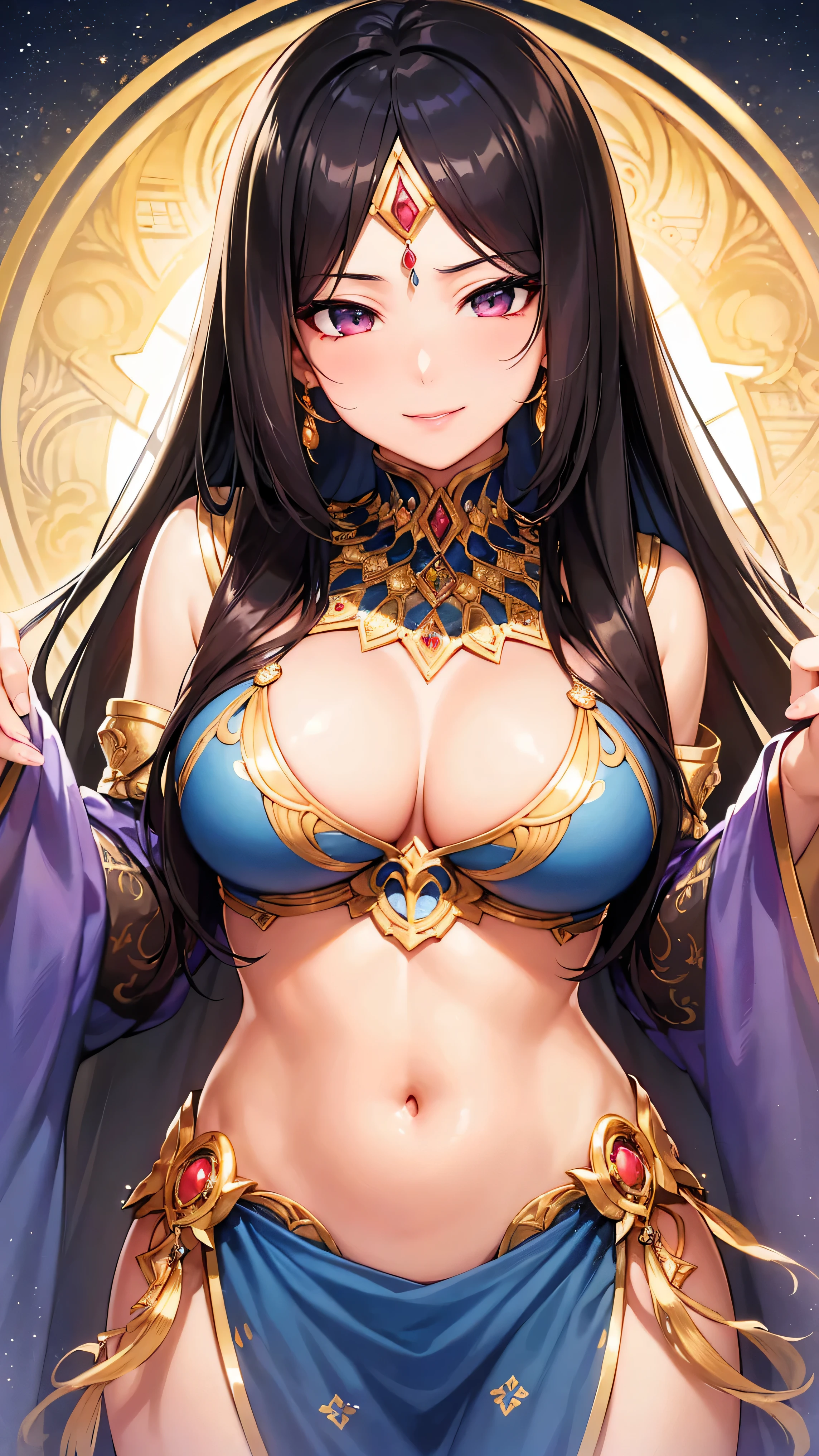 masterpiece, 4k, (Beautiful dark-haired Asian woman: 1.2), portrait, High quality art, High resolution, High resolution, in the center, symmetrical, excellent anatomy, swollen lips, smile, surprised, blush, lipstick, beautiful eyes, smooth skin, beautiful woman, jewelry, Moroccan Caftan, blue fabric with gold embroidery, (focus on upper body: 1.2), style, woman, looking at the viewer, smile,  symmetrical, in the center, close, woman, athletic, fit, tight waist, realistic body proportions, realistic, photo-realistic, 8k, very detailed, LED light, Laser Light, fruit flavored, bright, anatomically correct, symmetrical anatomy, Ulzzang-6500