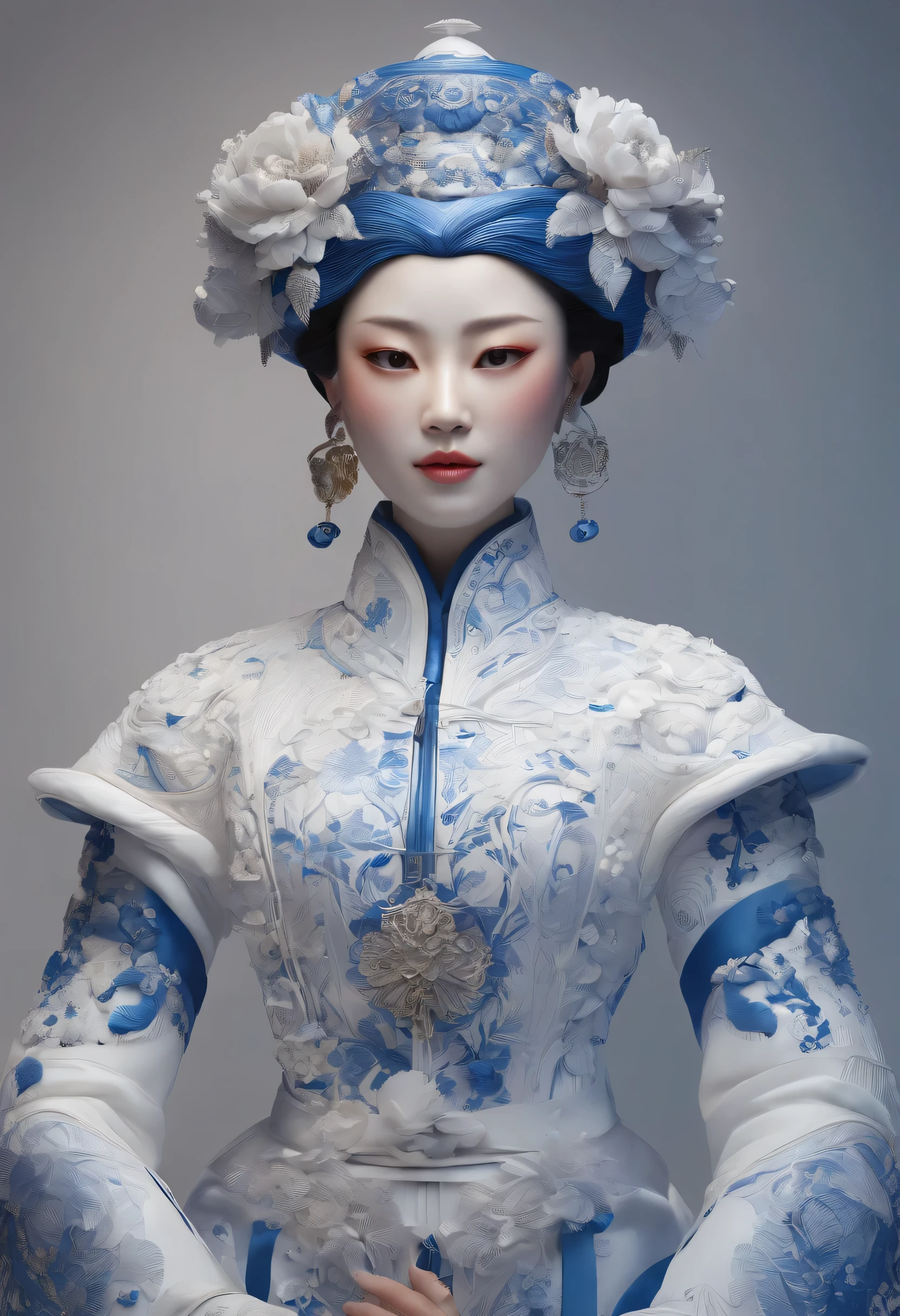 Blue and white porcelain,Ceramic Chinese style doll,Ancient clothes,femele,Embossed petals on the body,artwork of a,Ornaments, high detail,3D, Chiaroscuro, Cinematic lighting, god light, Cinematic lighting, hyper HD, High details, Best quality, A high resolution, Textured skin