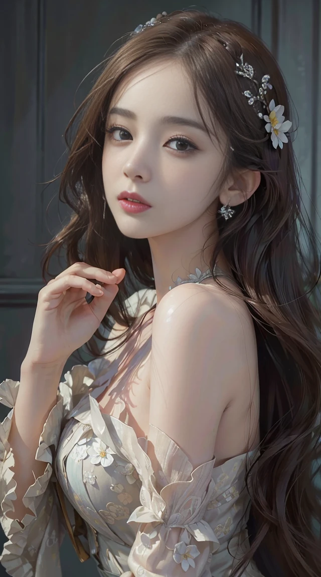 (highest quality,High resolution,masterpiece:1.2),Super detailed,realistic:1.37,traditional portrait style,detailed face and eyes,beautiful lips,fine brushstrokes,soft, flowing hair,delicate flowers on the background々,subtle color palette,soft lighting,A seamless blend of realism and fantasy,fantastic atmosphere,traditional beauty,seductive pose,old clothes,Bright but not overwhelming colors,subtle texture,meticulous attention to detail,elegant posture,expressive eyes,Female features,original composition,Artistic talent,stimulating gaze,fantastic atmosphere,Sensual and elegant performance,The perfect balance of elegance and sensuality,Delicate facial features and expressions.
