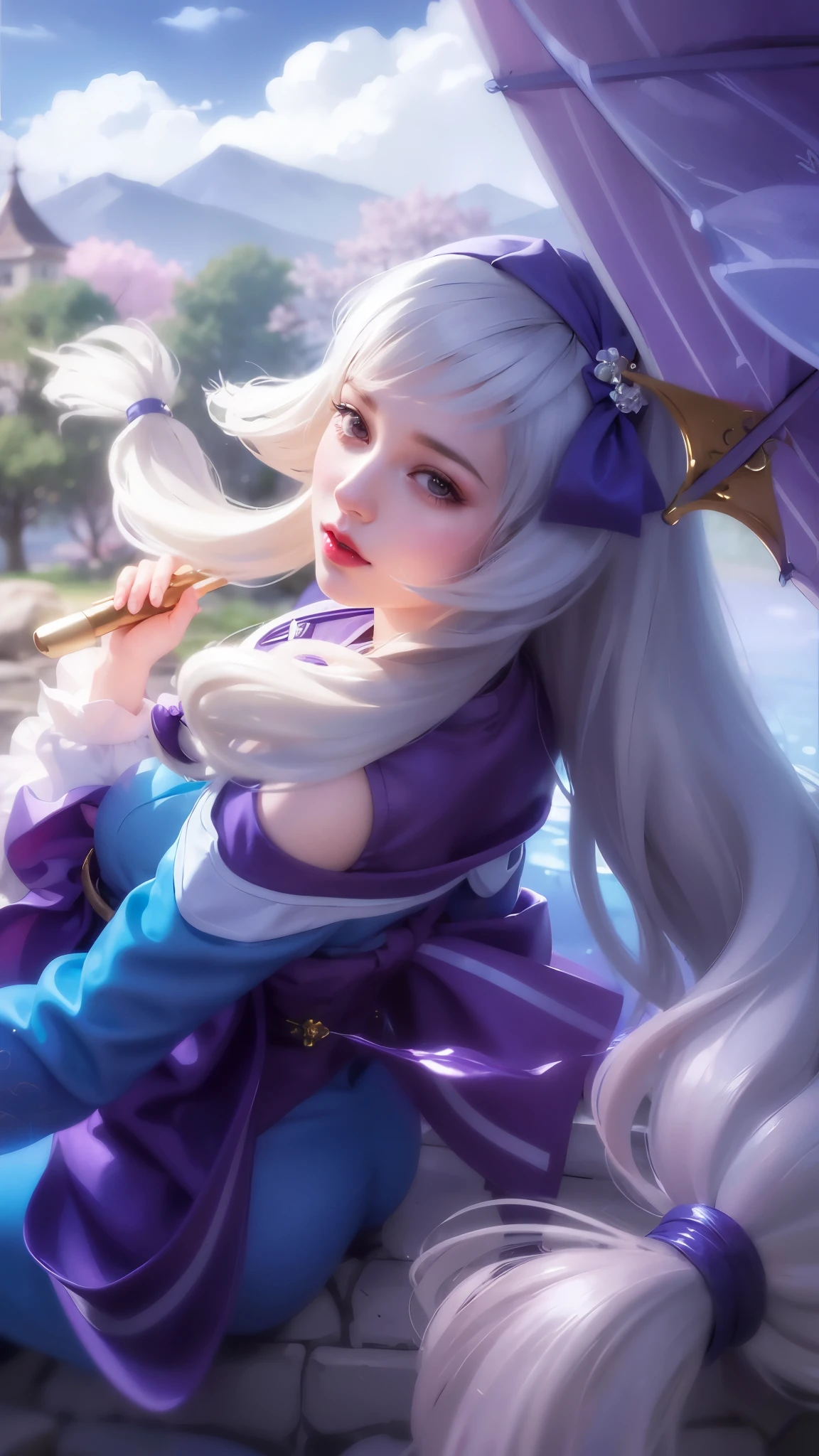 girl with long white hair sitting on a rock with a purple umbrella, red lips glossy, 8k, ultra hd, ultra detailed texture, hyper realistic, masterpiece, detailed texture, detailed face, detailed skin, detailed lighting, (photorealistic:1.5), best quality, beautiful lighting, cinematic lighting, professional lighting, ultra highres, realistic, detailed hair, real hair, high quality, (realskin:1.5), extremely detailed, finely detail, ultra-detailed
